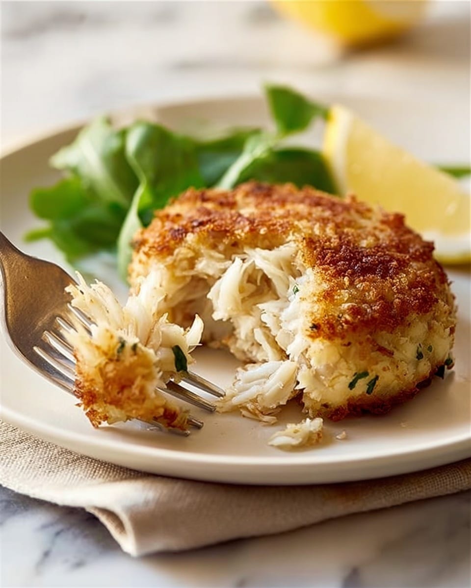 A close-up of a golden-brown crab cake with a crispy, crunchy outer layer and a soft, flaky white crab meat inside, seen where a fork has cut into it on the right side. The crab cake is placed on a simple white plate, resting on a folded beige cloth, all set on a white marbled surface. Next to the crab cake are a few green watercress leaves and a small wedge of bright yellow lemon, adding a fresh touch of color. A woman's hand holding the fork is gently breaking the crab cake. Photo taken with an iphone --ar 4:5 --v 7