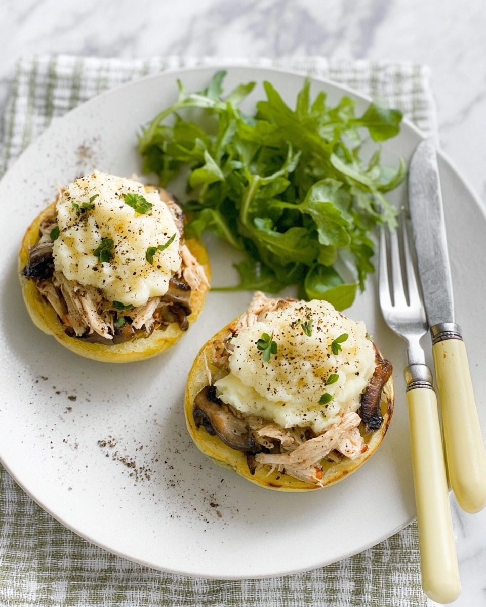 The image shows a white plate with two round, open-faced stuffed vegetables, each with three layers: the bottom layer is a pale yellow vegetable base, the middle layer is a mix of shredded mushrooms and chicken that is brown and textured, and the top layer is a dollop of creamy, smooth mashed potatoes with some black pepper sprinkled on top. To the side of the stuffed vegetables is a small bunch of fresh green leafy salad. A fork and knife with a pale yellow handle rest on the plate's right side. The plate sits on a white marbled surface with a faint checkered cloth underneath. Photo taken with an iphone --ar 4:5 --v 7