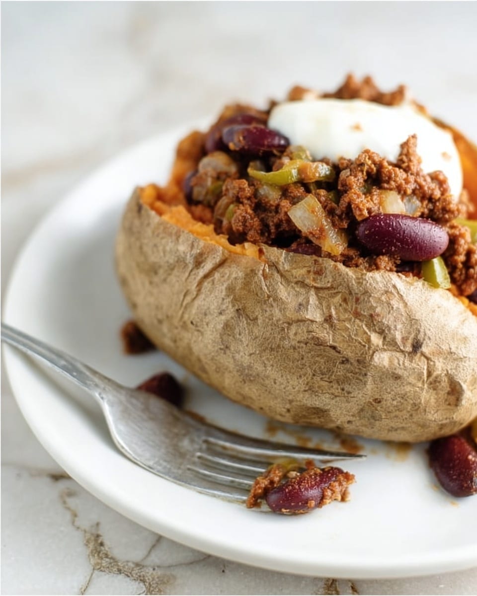 A baked potato with a light brown, slightly rough skin is placed in the center of a white plate on a white marbled surface. The potato is opened at the top to show its soft orange inside. On top of the potato, there is a layer of dark brown cooked ground meat mixed with red kidney beans and small bits of green pepper, giving it a textured, chunky look. A smooth, white dollop of sour cream sits partly melted on the meat layer, adding a creamy contrast. A fork rests on the left side of the plate. Photo taken with an iphone --ar 4:5 --v 7