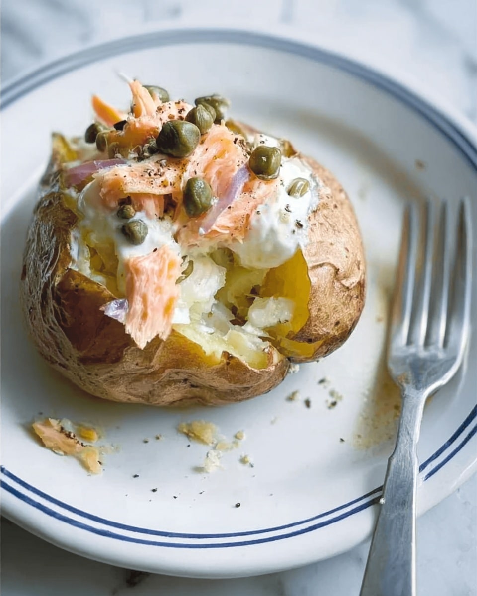 A baked potato with a brown, slightly crispy skin sits open on a white plate with thin blue lines on the edges, resting on a white marbled surface. The potato's inside is soft and yellowish, topped with a layer of white creamy sauce, scattered green capers, chunks of pinkish salmon, and a sprinkle of black pepper. To the right side of the plate lies a silver fork. Photo taken with an iphone --ar 4:5 --v 7