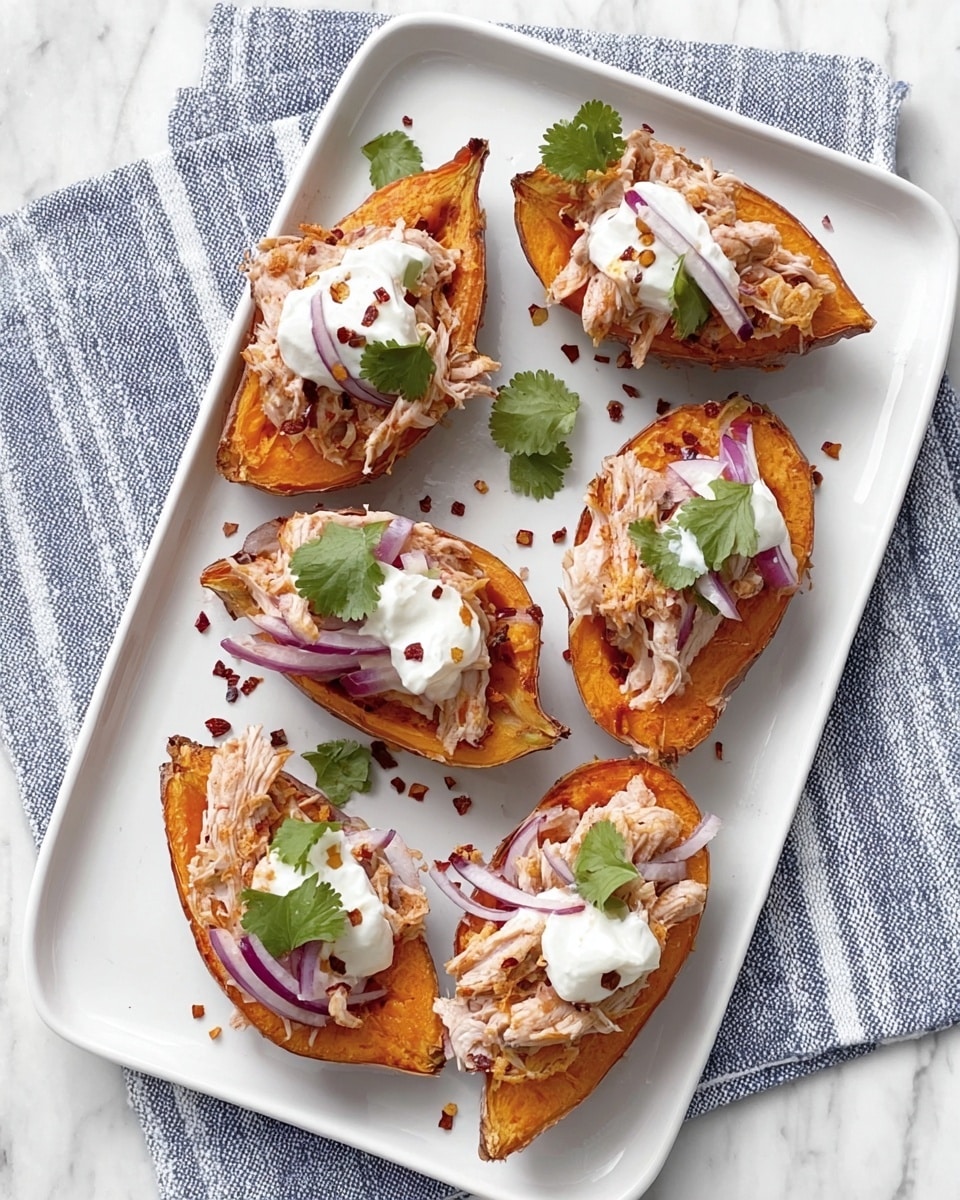 The image shows five roasted sweet potato halves placed on a white rectangular plate with rounded edges. Each sweet potato half is topped with shredded chicken that looks tender and finely pulled, with thin slices of red onion scattered over the chicken. A dollop of white creamy sauce, likely sour cream or yogurt, sits on top of each, and small green cilantro leaves add a fresh touch on the layers. There are tiny bits of red chili flakes sprinkled around the plate, and the plate is placed on a blue and white striped cloth on a white marbled surface. The colors are warm with orange from the sweet potatoes, white from the sauce, red from the onion, and green from the cilantro. photo taken with an iphone --ar 4:5 --v 7
