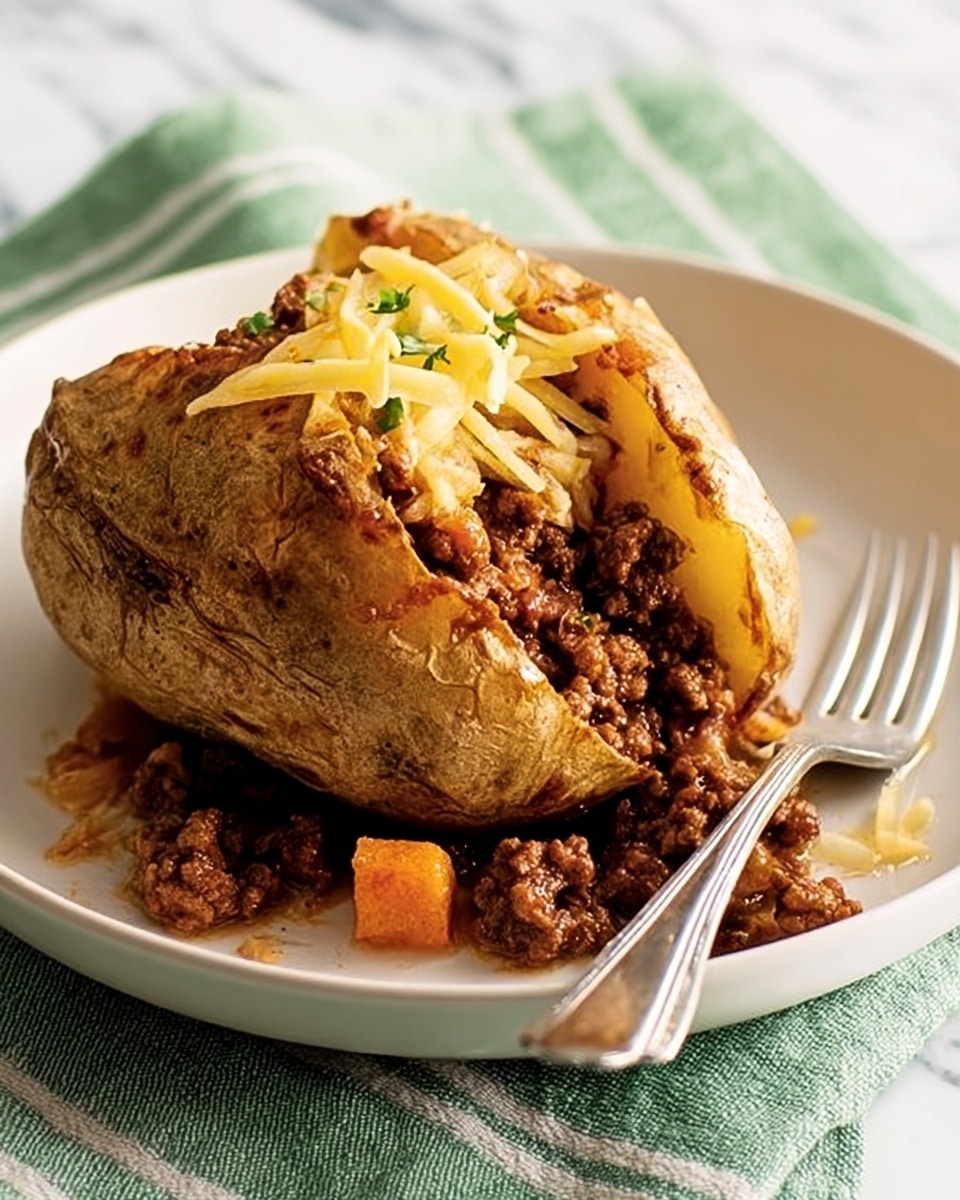 A baked potato with a browned, crispy skin is cut open with its edges slightly peeled back, placed on a white plate. The potato is filled with a rich, dark brown ground meat sauce mixed with small orange carrot pieces, spilling over the sides and onto the plate. On top, there is a small sprinkle of melted pale yellow cheese. A silver fork rests on the right side of the plate, and the background shows a white marbled surface beneath a green and white striped cloth. Photo taken with an iphone --ar 4:5 --v 7