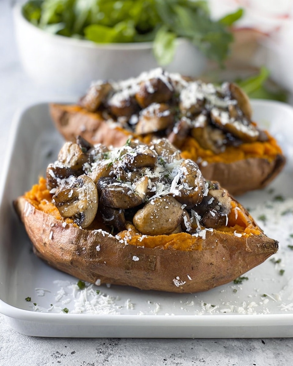 The image shows two baked sweet potatoes placed on a white tray with a white marbled surface underneath. Each sweet potato is cut open in the middle, revealing a soft orange inside layer. On top of the orange layer, there is a generous amount of cooked mushrooms that appear brown with a slightly shiny texture. The mushrooms are unevenly stacked, filling the potato center. The dish is finished with finely grated white cheese sprinkled on top of the mushrooms and around the tray. A bowl with green leafy salad is visible in the background. Photo taken with an iphone --ar 4:5 --v 7