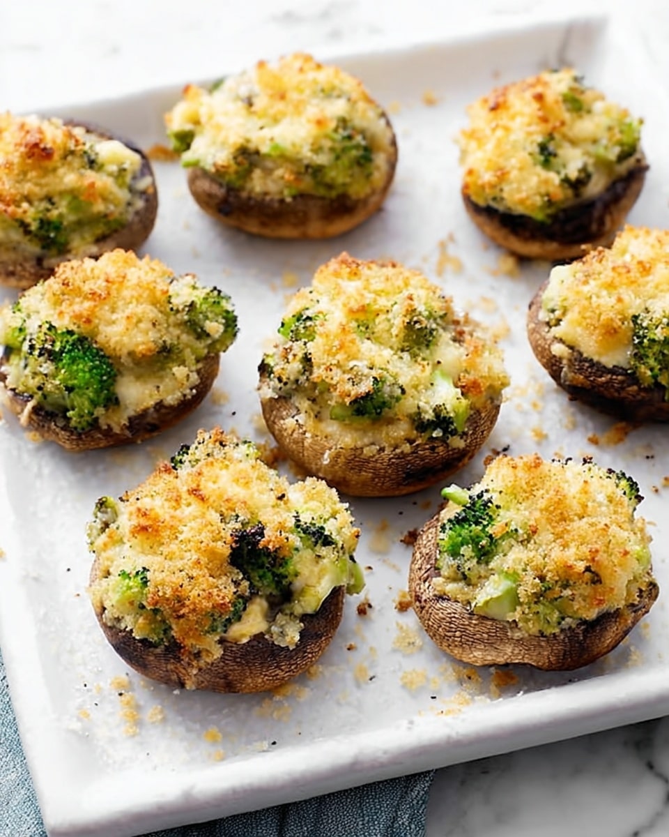 The image shows a white baking tray with eight stuffed mushrooms on it, placed on a white marbled surface. Each mushroom is filled with a mixture that looks light brown and creamy with small green broccoli pieces visible. The tops of the mushrooms are golden and slightly crispy, with a textured, crumbly appearance. The mushrooms are arranged loosely, filling the tray but still showing the white base underneath. Photo taken with an iphone --ar 4:5 --v 7