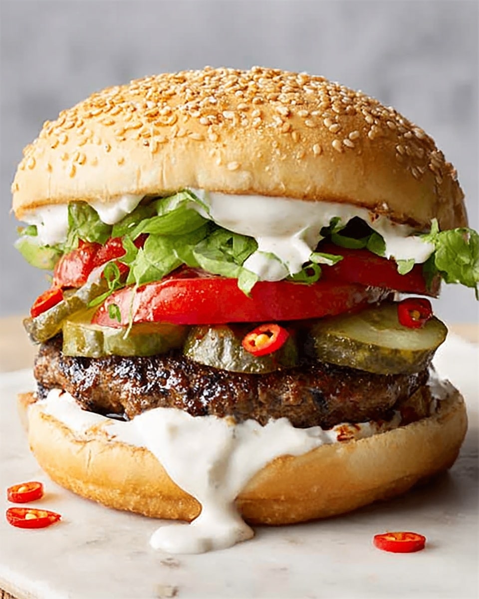 A sesame seed bun sandwich with multiple layers is shown on a white marbled surface. The bottom bun is light golden and soft. On top there are bright red tomato slices, layered with green pickle slices that have a bumpy texture. Above the pickles is a juicy, dark brown grilled patty with a slightly charred look. White creamy sauce is poured over the patty, dripping down. Fresh green lettuce leaves with a crinkled texture sit above the sauce. Small red chili slices are on the sauce and lettuce, adding color. The sandwich is finished with the top part of the sesame seed bun, golden brown and slightly shiny, covering the layers. Photo taken with an iphone --ar 4:5 --v 7