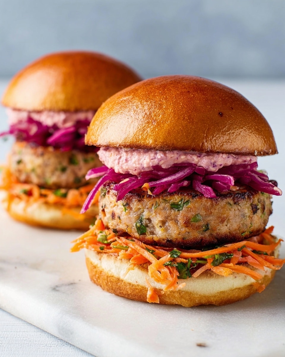 Two burgers sit on a white marbled surface, each with four visible layers. The bottom layer is a light golden toasted bun base. On top of that is a layer of orange shredded carrots mixed with thin slices of purple onion, both showing a fresh and slightly wet texture. Above the vegetables is a thick light brown grilled patty with subtle green herb flecks. The top layer inside the bun is a creamy, chunky pink-purple sauce that looks textured and moist. Each burger is finished with a smooth, shiny golden brown top bun. Photo taken with an iphone --ar 4:5 --v 7