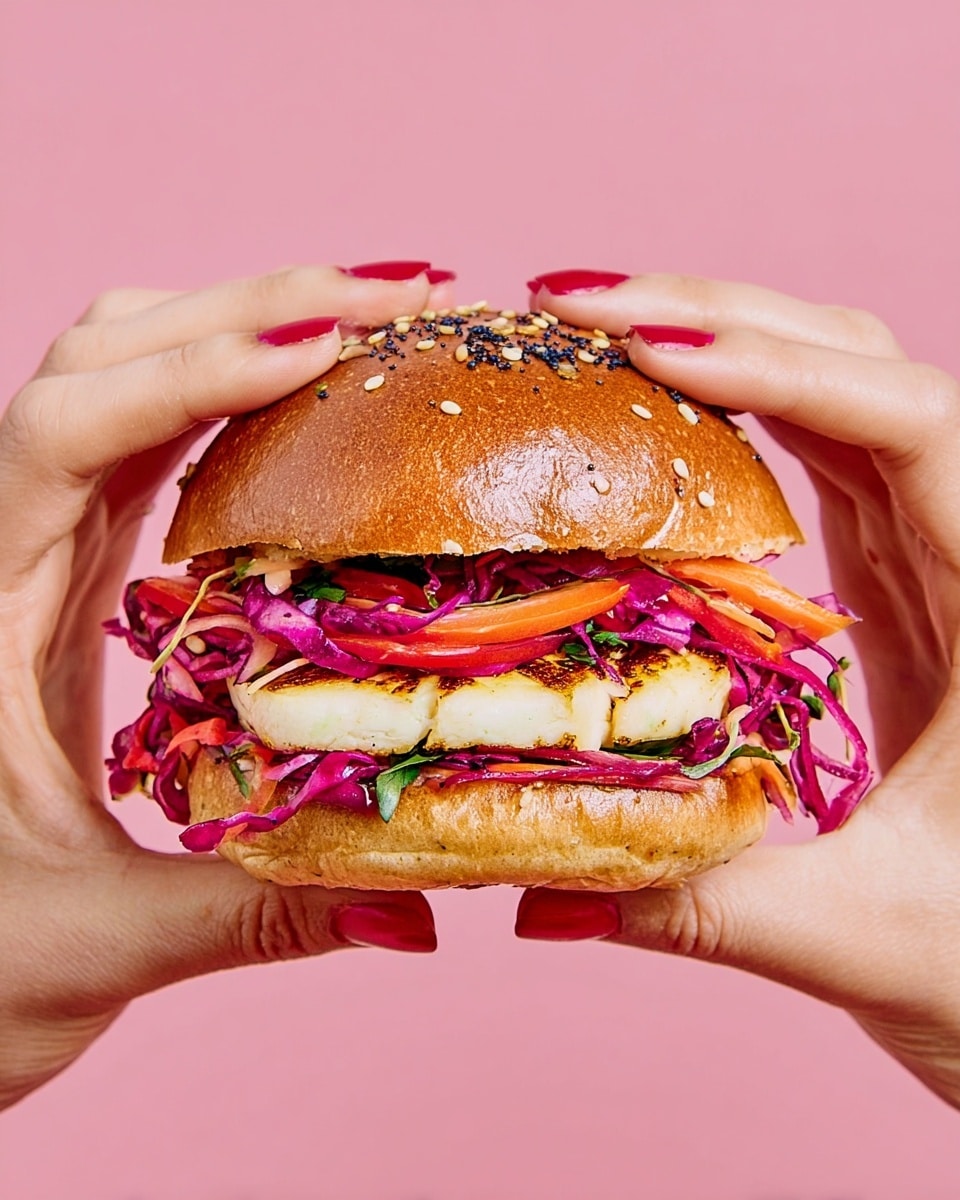 A sandwich held by two woman's hands with red nail polish is shown against a pink background. The sandwich has a shiny golden-brown sesame seed bun on top. Below it is a layer of grilled white cheese with light brown grill marks. Under the cheese is a colorful mix of thinly sliced red cabbage, red and orange bell peppers, and some green herbs, creating a fresh, crunchy texture. The sandwich is completed with a light brown bottom bun. The overall look is fresh and vibrant. photo taken with an iphone --ar 4:5 --v 7