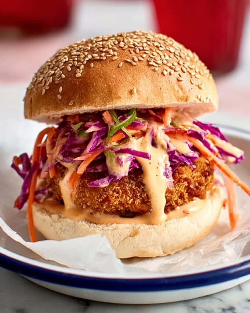 Smoked Tofu Vegan Burger with Crunchy Slaw and Sriracha Mayo Recipe