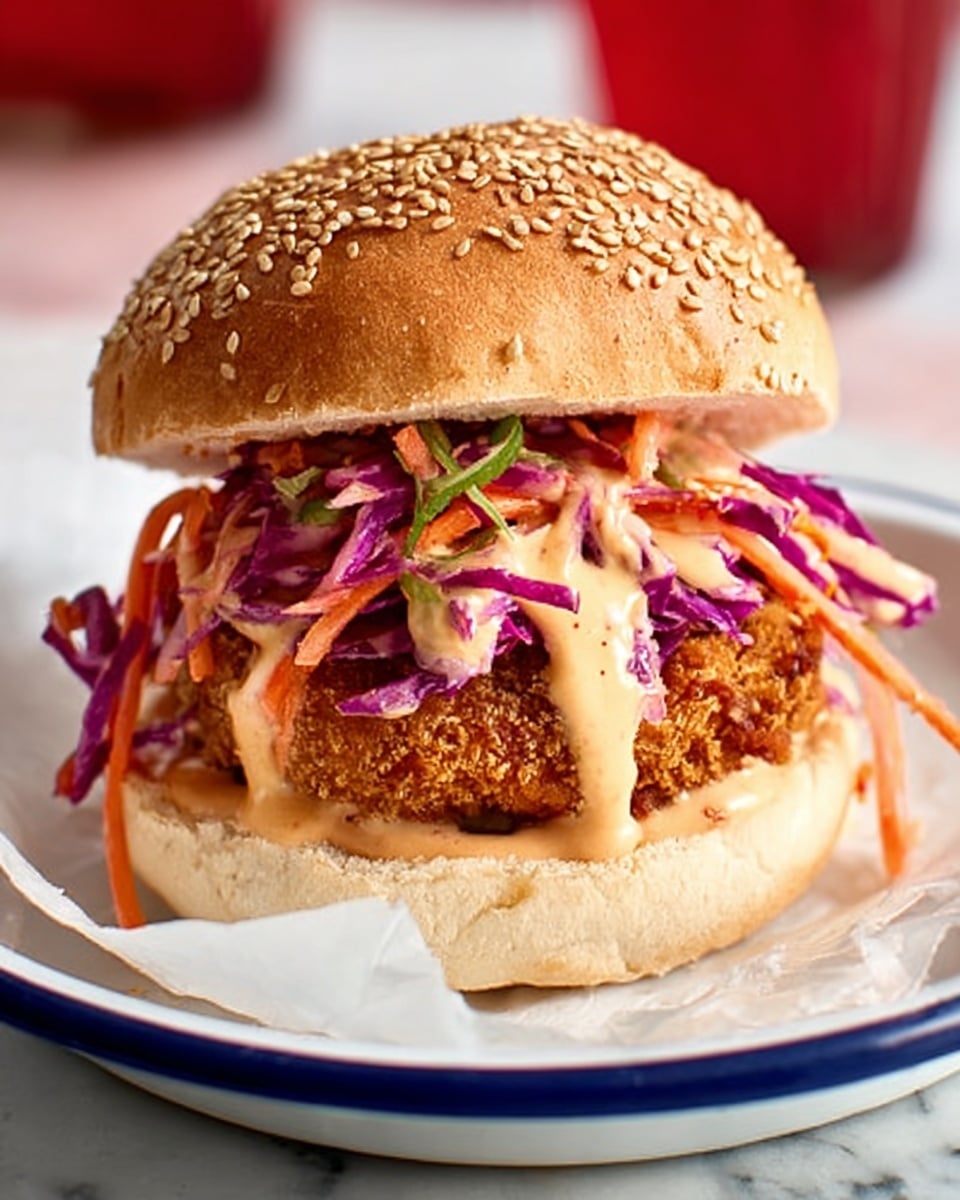A sesame seed bun sandwich sits in a white enamel plate with a blue rim, lined with white parchment paper. The sandwich has three layers visible: the bottom bun is soft and light beige, topped with a thick fried patty with a golden-brown crispy texture. On top of the patty is a mix of shredded purple cabbage and thin carrot strips, both fresh and vibrant in color. A creamy light orange sauce is drizzled over the vegetables, some dripping slightly down the sides. The sandwich is closed with the sesame seed bun, showing its toasted top covered in small, light brown sesame seeds. The scene is set on a white marbled surface with hints of a red background blurred out. Photo taken with an iphone --ar 4:5 --v 7
