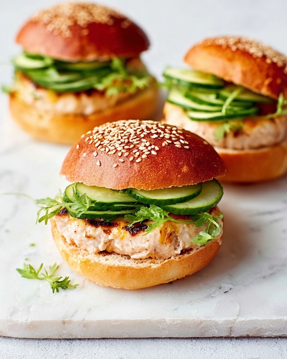 The image shows two small chicken burgers on a white marbled surface. Each burger has a sesame seed top bun with a soft golden-brown color. Below the top bun, there is a layer of fresh green lettuce and thin slices of cucumber. Underneath the vegetables, a round, thick grilled chicken patty with a light tan color and some grill marks is visible. The bottom bun is also soft and golden brown, similar in color to the top bun. One burger is fully assembled, and another has the top bun slightly off to the side. Photo taken with an iphone --ar 4:5 --v 7