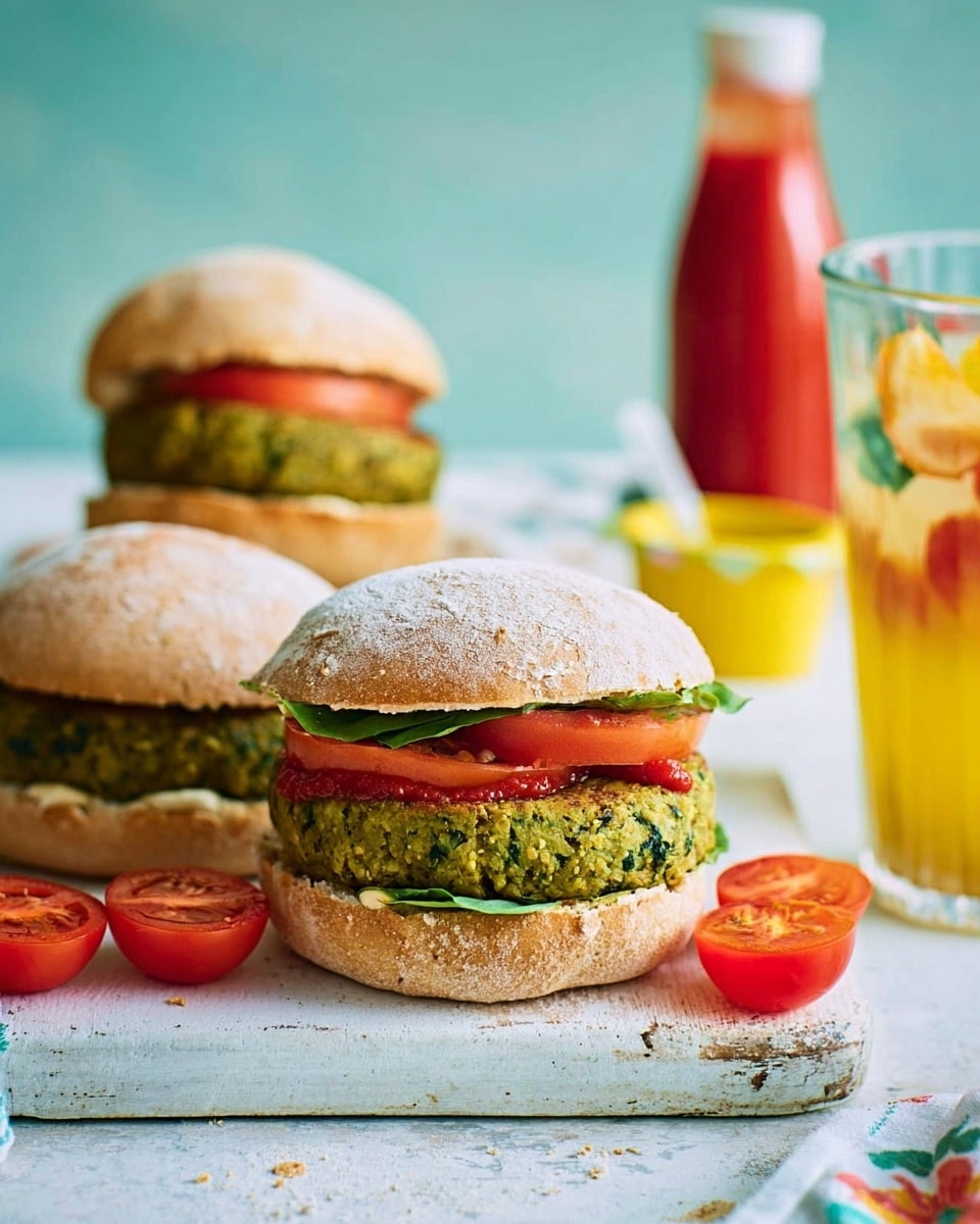 The image shows two green veggie burger patties placed inside white sandwich buns on a white marbled surface. One sandwich is fully closed with a slice of tomato inside, showing a thick, green patty with a soft texture and a white bun dusted lightly with flour. The other sandwich is stacked, with the bottom bun holding the green patty, topped with sliced tomatoes and ketchup, and the top bun slightly tilted to reveal the layers. Around the sandwiches, there are fresh tomato slices, a red ketchup bottle, and some small yellow condiment containers. The background includes a light blue wall and a transparent glass filled with a yellow drink and fruit pieces. The overall setting feels bright and fresh. photo taken with an iphone --ar 4:5 --v 7