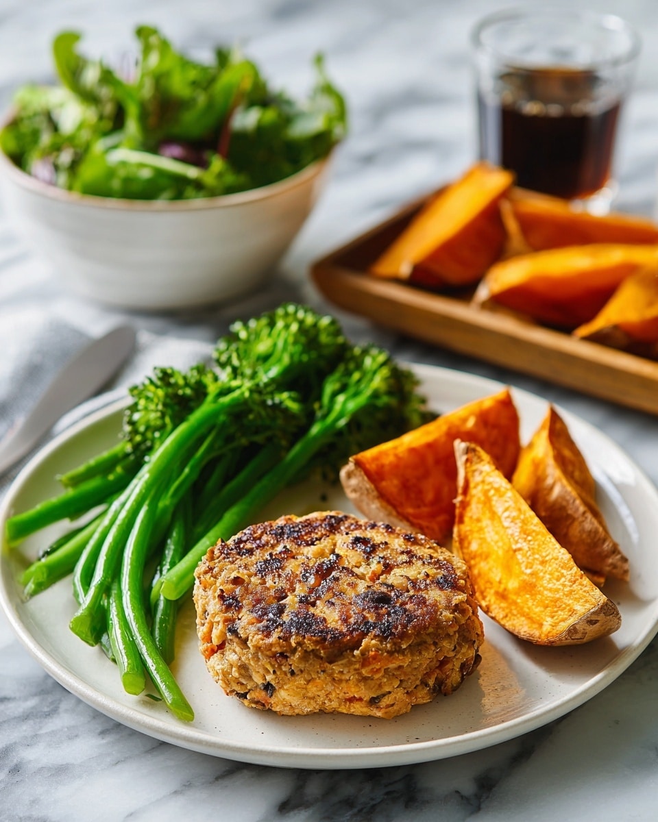 The image shows a white plate with a single round patty that is golden-brown with small darker and lighter spots, sitting on the right side of the plate. Next to the patty are several bright green vegetables including broccolini and green beans, forming a small cluster on the left side. Behind the patty on the plate, there are thick wedges of orange sweet potato with a slightly crispy texture. In the background, there is a white bowl filled with green leafy salad placed on a white marbled surface, along with a small glass of dark liquid and a wooden tray holding roasted sweet potato wedges. photo taken with an iphone --ar 4:5 --v 7