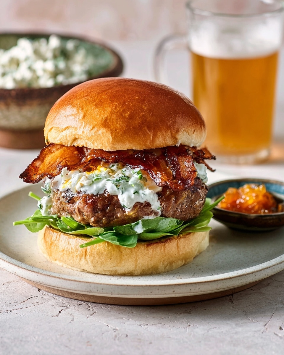 A tall burger sits on a white plate with a slight texture, placed on a white marbled surface. The bottom layer is a soft lightly toasted bun followed by a layer of fresh green leafy lettuce. Above the lettuce is a thick, juicy beef patty with a creamy white sauce containing green herbs spread over it. On top of the sauce is a crispy layer of golden-brown bacon, glistening with a slight shine. The top layer is a smooth, shiny, golden-brown bun gently resting on the bacon. In the background, there is a small dark dish with orange jam and a rustic bowl filled with white cottage cheese, along with a glass of amber beer. photo taken with an iphone --ar 4:5 --v 7