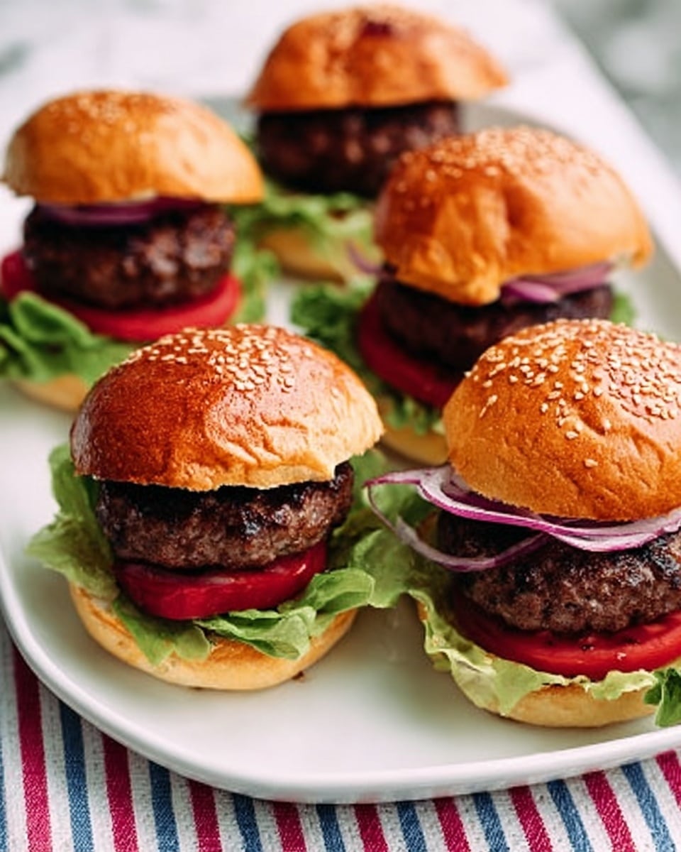 The image shows four small burgers placed close together on a white plate with rounded edges. Each burger is made of a shiny brown sesame seed bun on top, with a thick dark brown grilled beef patty beneath. Under the patties, there is a layer of fresh green lettuce and a bright red slice of tomato. Two of the burgers have thin light purple rings of raw onion on top of the patty. One burger in the front left has its top bun slightly tilted, revealing the layers inside. The table underneath the white plate has a striped cloth with red, blue, and white colors, but the background is changed to a white marbled texture. photo taken with an iphone --ar 4:5 --v 7