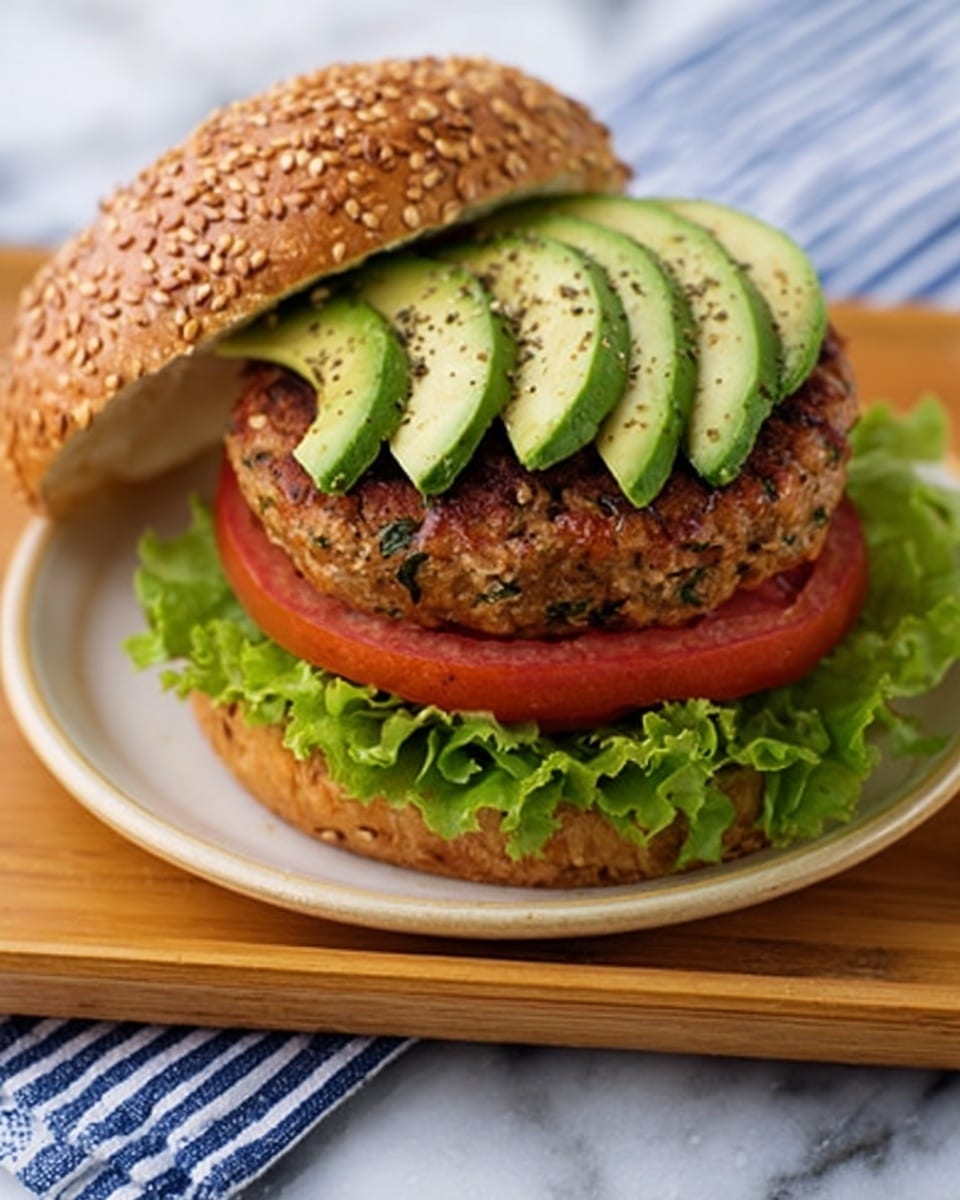 A sesame seed burger bun sits on a white plate with a wooden tray under it, resting on a white marbled surface. The bottom bun is topped with a layer of bright green leaf lettuce, followed by two slices of fresh red tomato. Above the tomato is a thick, cooked patty with a slightly crispy texture and specks of herbs. On top of the patty are three smooth slices of avocado sprinkled lightly with black pepper. The top sesame seed bun leans slightly open, showing all the layers clearly. photo taken with an iphone --ar 4:5 --v 7