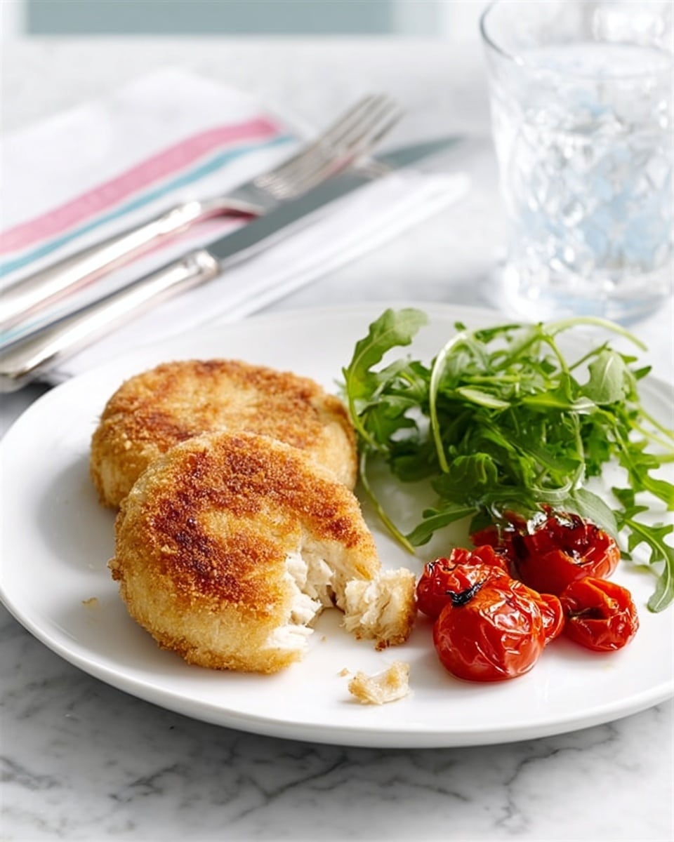 The image shows two golden-brown breaded fish cakes placed on the left side of a white plate, with one fish cake slightly broken open revealing a soft, flaky white filling inside. To the right of the fish cakes, there is a small bunch of fresh green arugula leaves and bright red roasted cherry tomatoes with a slightly wrinkled texture. The plate sits on a white marbled surface with a glass of water and clear glass in the background, along with a white napkin with pink and blue stripes and silver cutlery placed on top. The photo taken with an iphone --ar 4:5 --v 7