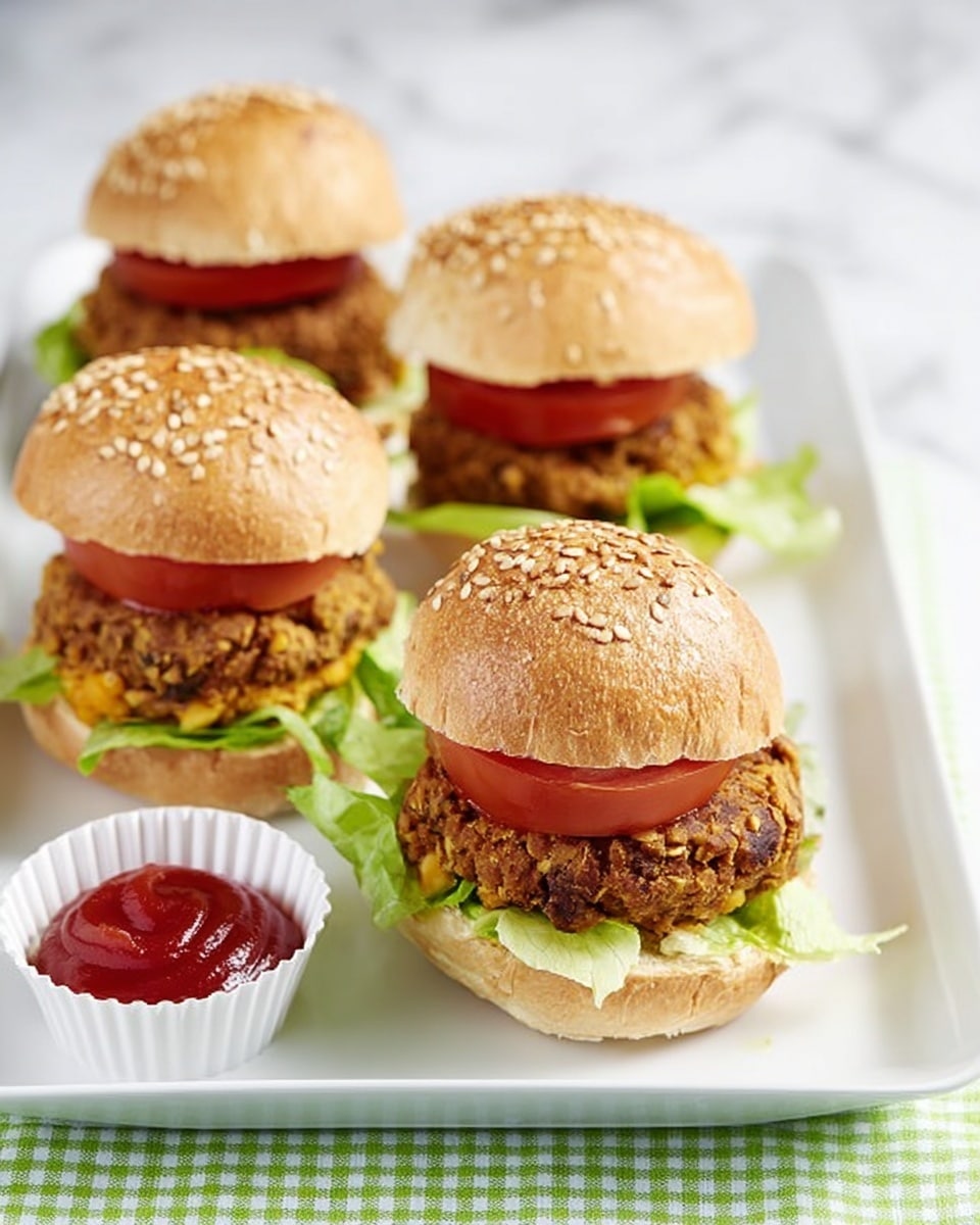 The image shows a white rectangular plate with four mini burgers arranged in two lines on a green checkered cloth. Each burger has a three-layered sesame-seed bun; the top bun is light brown with seeds, the middle layer is a crispy golden brown fried patty, and the bottom layer is light green lettuce. A thick slice of bright red tomato sits between the lettuce and the crispy patty. A small white cup filled with red ketchup is placed near the front left corner of the plate. The plate is set on a white marbled surface. photo taken with an iphone --ar 4:5 --v 7