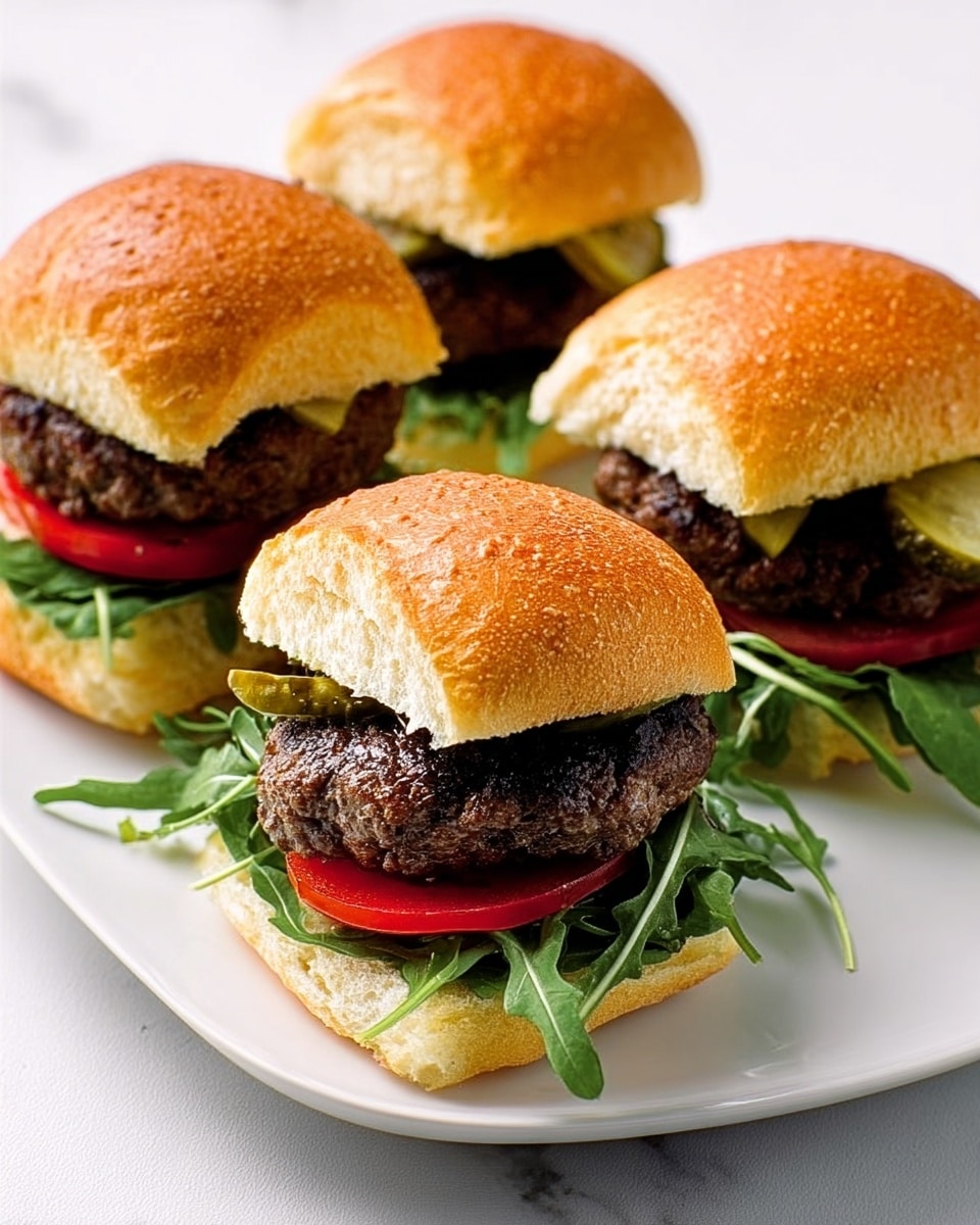 The image shows three small burgers on a white plate placed on a white marbled surface. Each burger has three visible layers inside the bun: fresh green arugula leaves at the bottom, a thick grilled beef patty with a dark brown charred texture in the middle, and two slices of red tomato between the arugula and the patty. The buns are light golden brown with a soft crust. Each burger also has small pickle slices peeking out from the sides. The photo taken with an iphone --ar 4:5 --v 7
