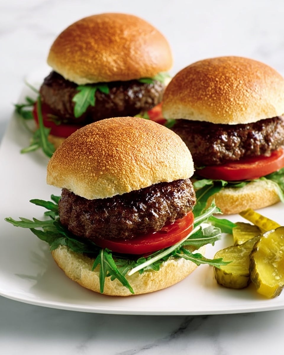 Three burgers are shown on a white plate, with each burger having four layers. The bottom layer is a white bun, topped with green arugula leaves, followed by slices of red tomato, and the main thick, dark brown grilled beef patty. The top bun is light golden-brown with a slightly rough texture. Two burgers have pickles placed on the plate near them on the right side, while the front burger also has pickles under the arugula. The background is a white marbled surface. Photo taken with an iphone --ar 4:5 --v 7