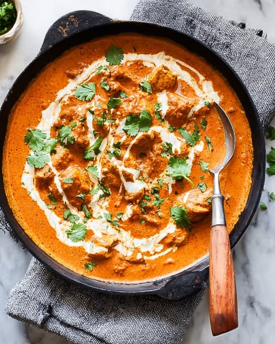 The image shows a black cast iron pan filled with rich orange curry, with several pieces of chicken visible in the sauce. The curry has white cream swirled on top, creating a contrast with the orange. Fresh green cilantro leaves are scattered over the curry, adding a touch of color and freshness. A knife with a silver blade and a wooden handle rests on the edge of the pan. The pan is sitting on a gray cloth which is on a white marbled surface. Photo taken with an iphone --ar 4:5 --v 7