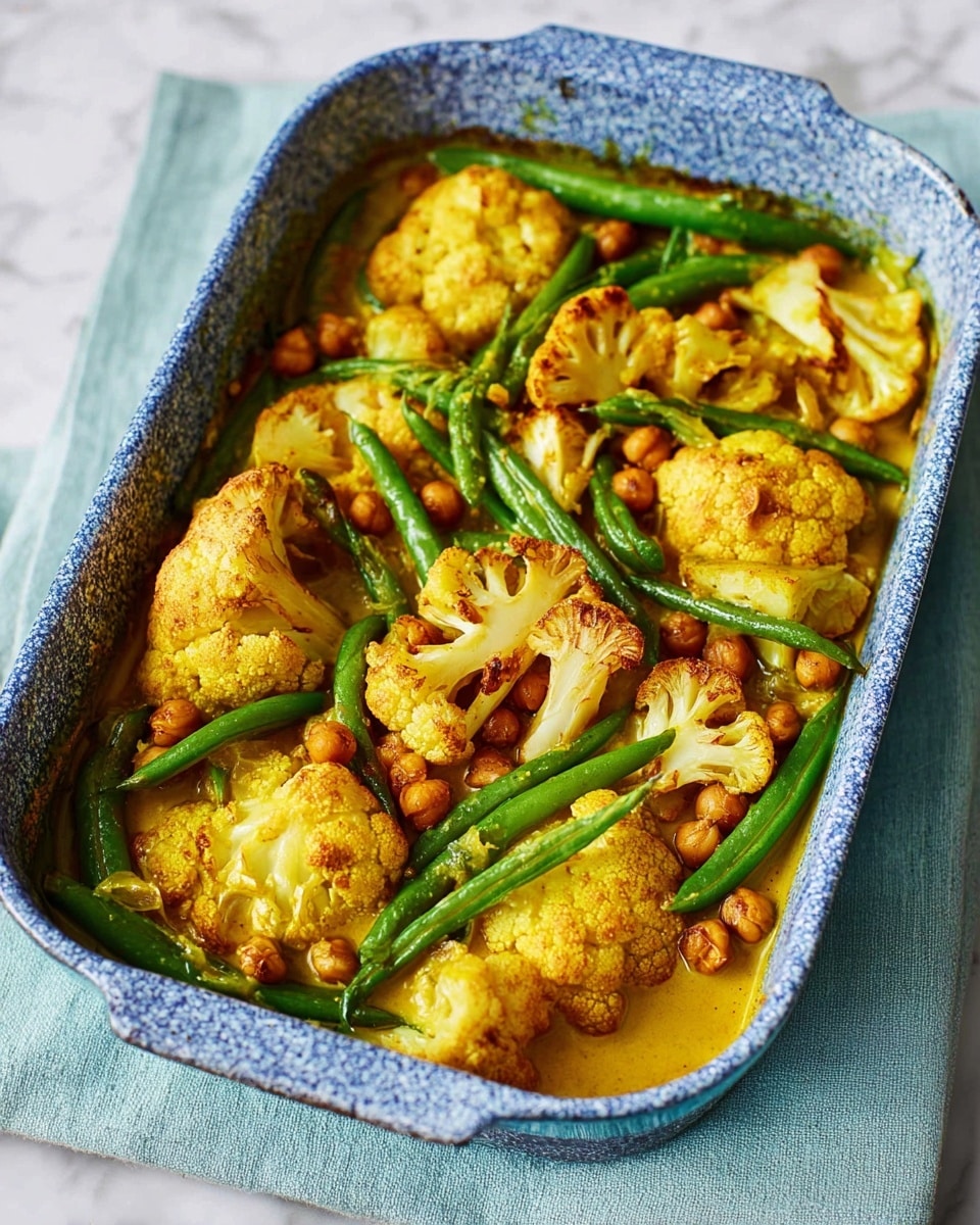 A rectangular blue speckled baking dish filled with a vibrant vegetable curry. The dish has three main layers: at the bottom is a rich golden yellow sauce, thick and smooth. On top, there are large pieces of roasted cauliflower with a light brown, slightly crispy texture, scattered across the dish. Bright green whole green beans are spread evenly, adding contrast and freshness. Small brown chickpeas are sprinkled throughout, adding texture and color. The baking dish is placed on a light blue cloth over a white marbled surface. Photo taken with an iphone --ar 4:5 --v 7