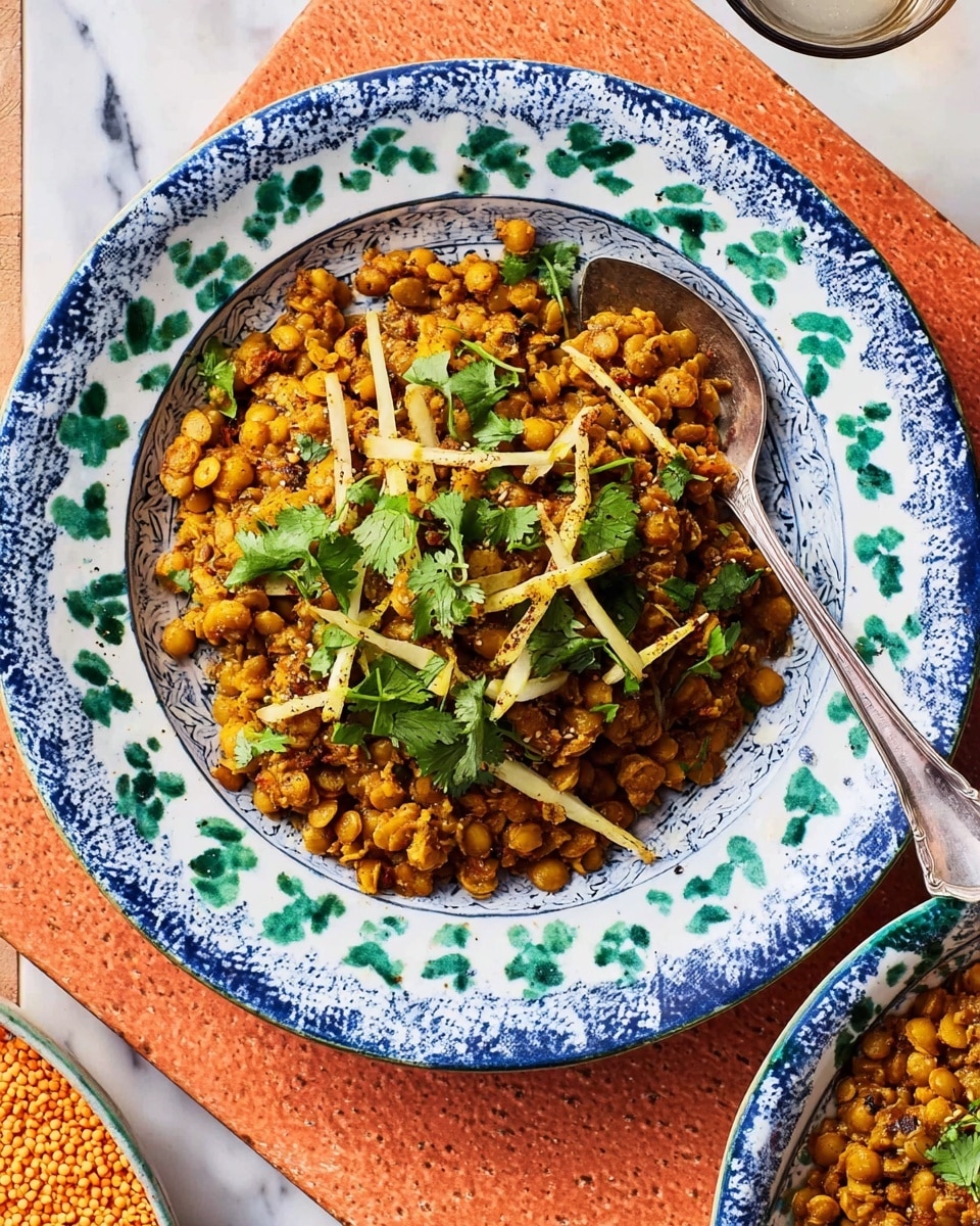 A white plate with blue and green leaf patterns holds a warm, textured yellow lentil dish mixed with spices, scattered evenly across the plate as the first layer. On top of the lentils, there are thin, pale yellow strips of ginger and bright green cilantro leaves, adding fresh color and texture as the second layer. A silver fork and spoon rest on the sides of the plate, partially placed over the lentils. The plate is set on a white marbled surface with a glimpse of an orange wooden board and another partially visible plate with more lentils on the right side. Photo taken with an iphone --ar 4:5 --v 7