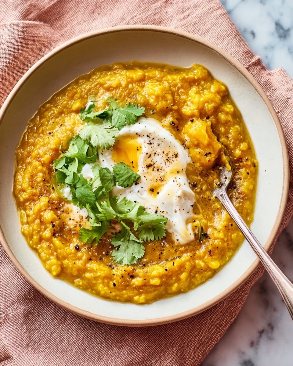 A shallow white bowl holds a creamy, thick dish with a rich yellow-orange color, showing a slightly chunky and smooth texture throughout. In the center, a dollop of bright white cream sits topped with fresh green cilantro leaves, adding a fresh contrast. A silver fork rests on the right side of the bowl, partially dipped into the dish, with visible black pepper sprinkled over the cream and the food. The bowl is placed on a soft pink cloth over a white marbled surface. Photo taken with an iphone --ar 4:5 --v 7