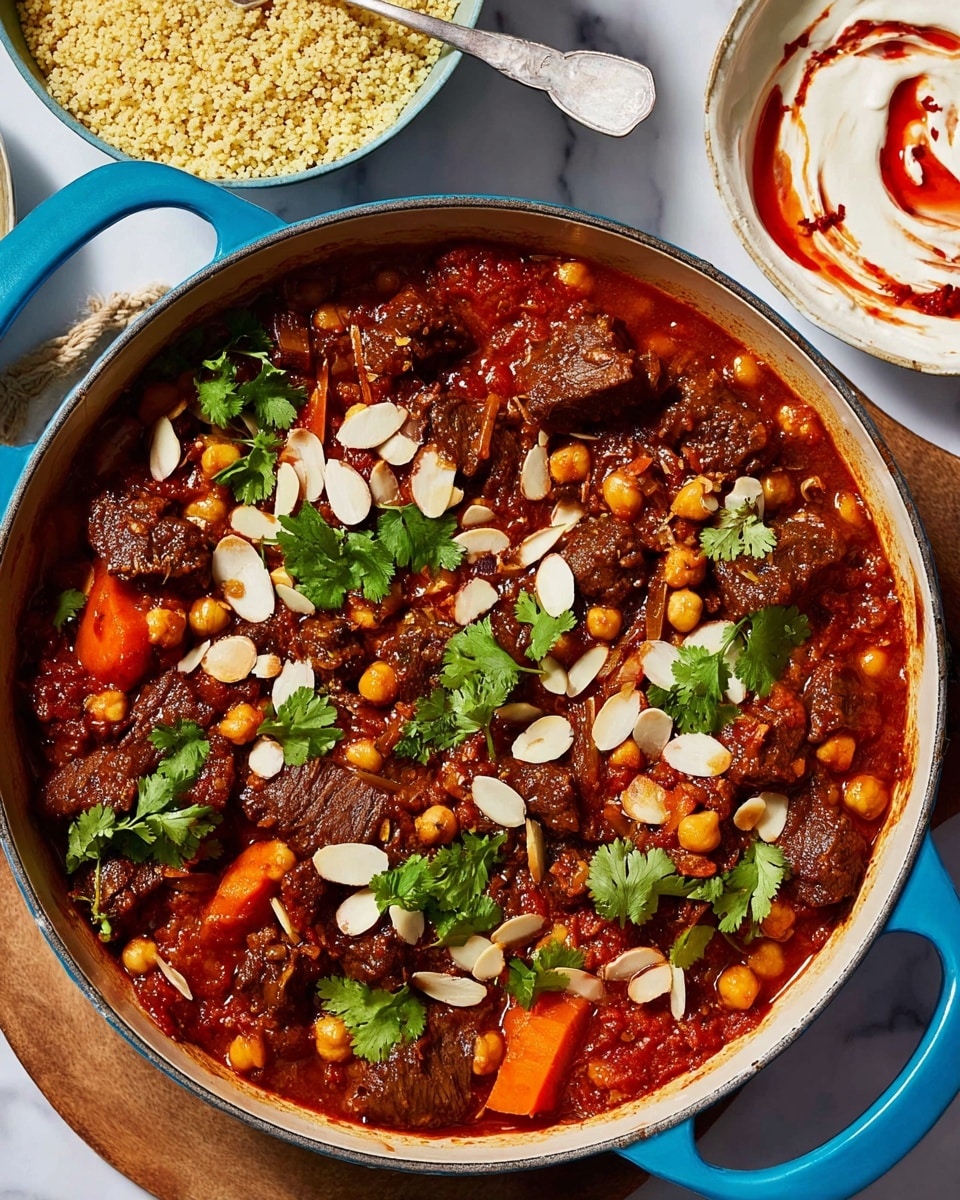 The image shows a large blue pot filled with a richly colored stew made of dark brown chunks of meat, round light brown chickpeas, and orange carrot pieces, all mixed in a thick red sauce. The surface is decorated with bright green cilantro leaves scattered evenly and thin white almond slices spread on top. The pot sits on a wooden board on a white marbled surface. To the top right, there is a white bowl with some cream and red sauce swirled inside, with a spoon resting in it, and next to it is another white bowl containing couscous. A glimpse of a woman's hand holding a fork is visible near the top edge of the image. photo taken with an iphone --ar 4:5 --v 7