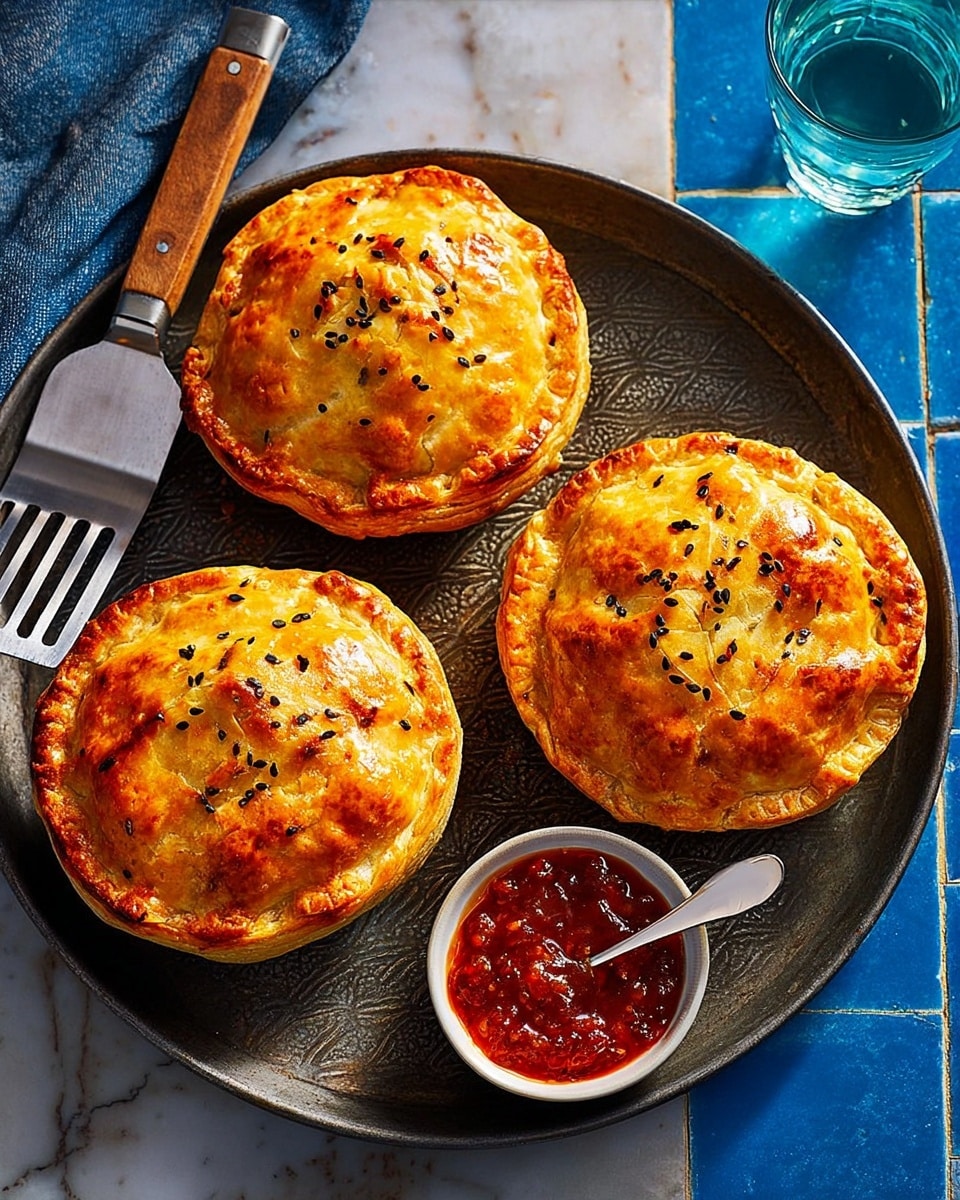 The image shows three golden-brown, round pies with crisp, flaky crusts topped with small dark seeds, arranged in a rough triangle on a dark, textured round tart pan. One pie is held by a metal spatula on the left side, slightly lifted. In front of the pies at the bottom of the pan, there is a small white bowl filled with shiny red chutney or sauce with visible chunks and seeds, along with a small metal spoon inside it. The background is a white marbled surface partially covered by a blue cloth in the top right corner and blue tiled surface visible beneath the tart pan. A glass of water is placed at the bottom right corner of the image. Photo taken with an iphone --ar 4:5 --v 7