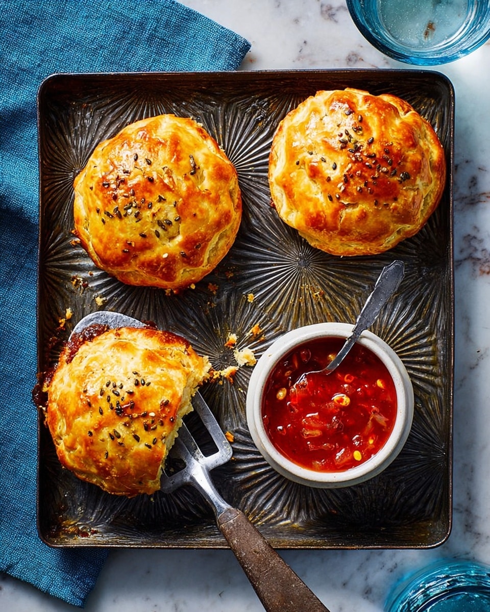 Three small round pastries with golden brown, flaky crusts topped with caraway seeds sit on a dark, fluted metal baking tray with some crumbs around them. One pastry is being lifted slightly by a metal spatula. In the lower center of the tray is a small white bowl filled with bright red chutney, showing chunks of fruit and chili seeds, a small spoon resting inside. The tray is placed on a white marbled surface with a folded blue cloth nearby and a glass of water at the lower right corner. Photo taken with an iphone --ar 4:5 --v 7