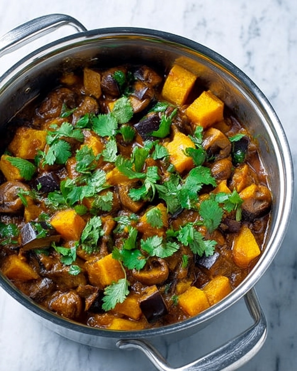 A shiny stainless steel saucepan filled with a chunky vegetable stew sits on a white marbled surface. The stew has several layers: large orange-yellow chunks of cooked squash or pumpkin, smaller round mushrooms in brown shades, and darker brown pieces of eggplant or similar vegetable all mixed in a thick, dark brown sauce. Fresh green cilantro leaves are scattered on top, adding a bright contrast to the warm, earthy colors of the stew. Photo taken with an iphone --ar 4:5 --v 7