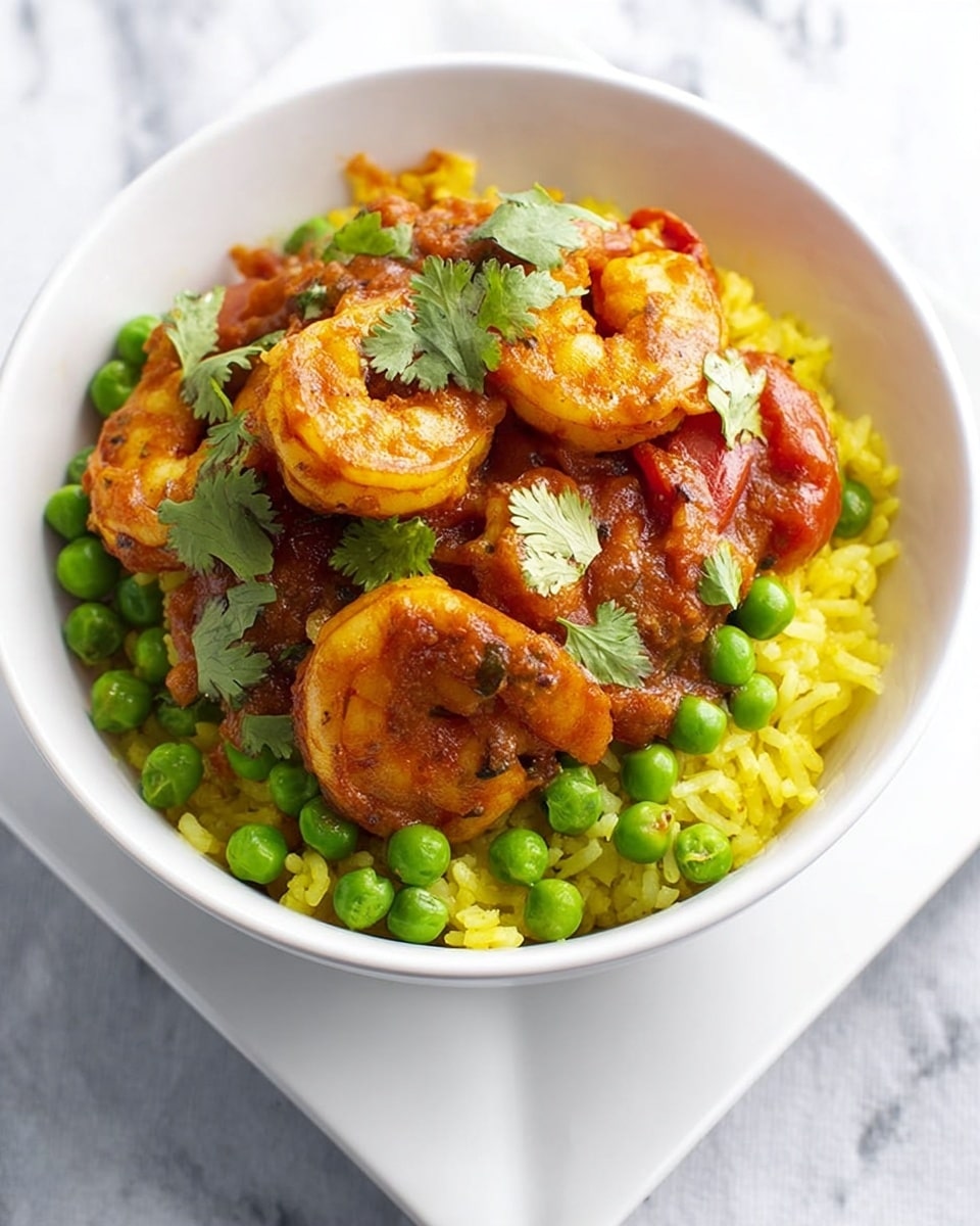 A white bowl filled with a colorful layered rice dish sits on a white square plate over a white marbled surface. The bottom layer consists of yellow rice with a fluffy texture. On top, there is a layer of cooked green peas scattered around. Next, a rich orange-red sauce coats cooked shrimp that are curled and glossy, with a piece of tomato visible within the sauce. Fresh green cilantro leaves are sprinkled over the shrimp, adding a touch of brightness. The whole bowl has a warm and inviting look, with vibrant colors contrasting against the white bowl and plate. Photo taken with an iphone --ar 4:5 --v 7