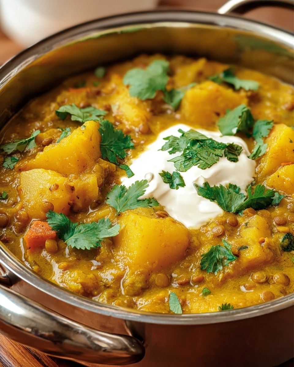 A close-up image of a metal cooking pot filled with a thick yellow curry containing large chunks of soft potatoes and other vegetables, mixed with lentils and herbs. The top of the curry is garnished with a dollop of white sour cream and fresh green cilantro leaves scattered over it. The pot sits on a wooden surface, and the focus is on the rich texture and warmth of the dish. photo taken with an iphone --ar 4:5 --v 7