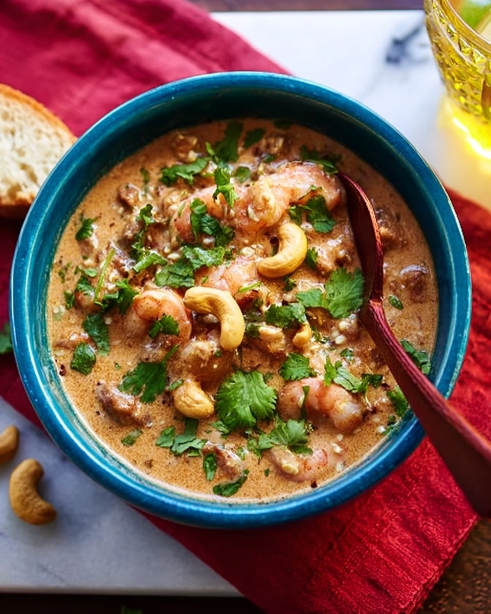 A blue bowl filled with a creamy, light brown dish that has visible shrimp pieces and cashew nuts mixed in. Fresh green coriander leaves are sprinkled on top, adding a touch of brightness. A reddish-brown spoon is placed inside the bowl. The bowl sits on a white marbled surface with a red cloth underneath. There is a piece of bread on the left side and a glass with a yellow liquid and lemon slice on the right. Photo taken with an iphone --ar 4:5 --v 7