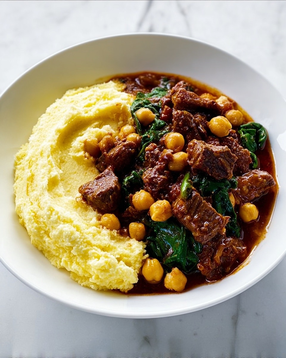 The image shows a white bowl with two main layers side by side. On the left, there is a creamy, pale yellow mashed potato layer that looks smooth and soft. On the right, there is a rich dark brown stew with chunks of tender meat, chickpeas, and some dark green spinach leaves, all covered in a thick sauce. The ingredients are piled neatly beside the mashed potatoes, creating a nice contrast of colors and textures. The bowl sits on a white marbled surface with subtle reflections. photo taken with an iphone --ar 4:5 --v 7