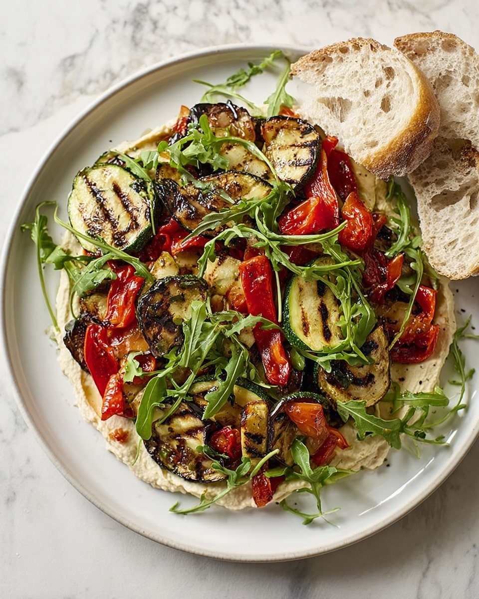 This dish shows a white round plate topped with one layer of spread with a creamy light beige color and smooth texture spread evenly along the base. On top, there is a mix of grilled vegetables, including dark brown and slightly charred zucchini slices with visible grill marks, and bright red roasted peppers with a wrinkled texture. These vegetables are arranged loosely across the plate. Fresh green arugula leaves, thin and slightly curled, are scattered over the vegetables adding a fresh touch. Two pieces of crusty white bread with a soft texture and air pockets rest beside the plate. The plate is placed on a white marbled surface. Photo taken with an iphone --ar 4:5 --v 7