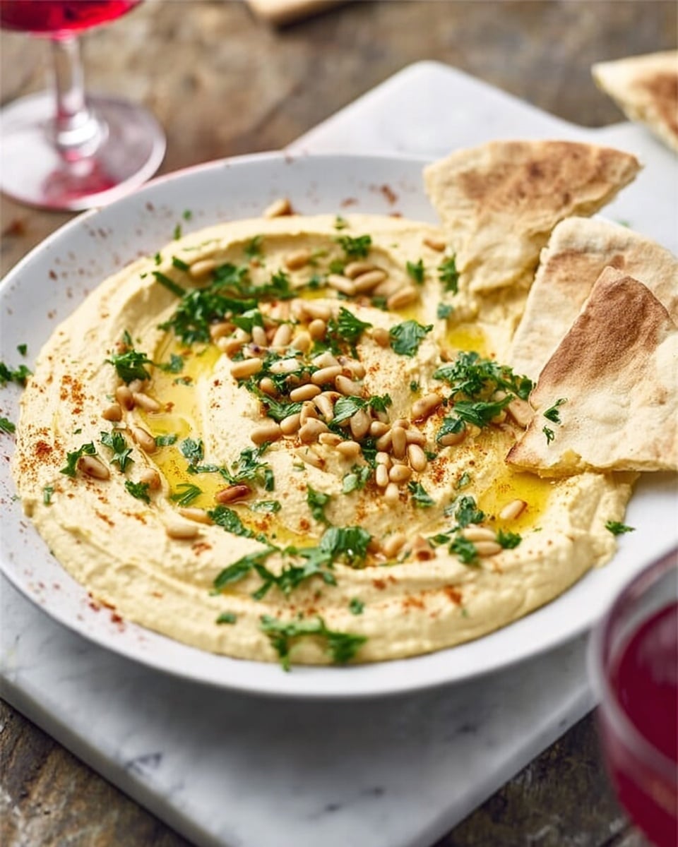 The image shows a white shallow bowl filled with creamy, light yellow hummus spread evenly with a smooth texture. On top of the hummus, there are toasted pine nuts scattered around, along with fresh green parsley leaves for garnish. Three pieces of pita bread with a soft, slightly browned and textured surface are partially dipped in the hummus on the right side of the bowl. The bowl is placed on a white marbled surface, and a glass with a pink drink is visible in the background. Photo taken with an iphone --ar 4:5 --v 7