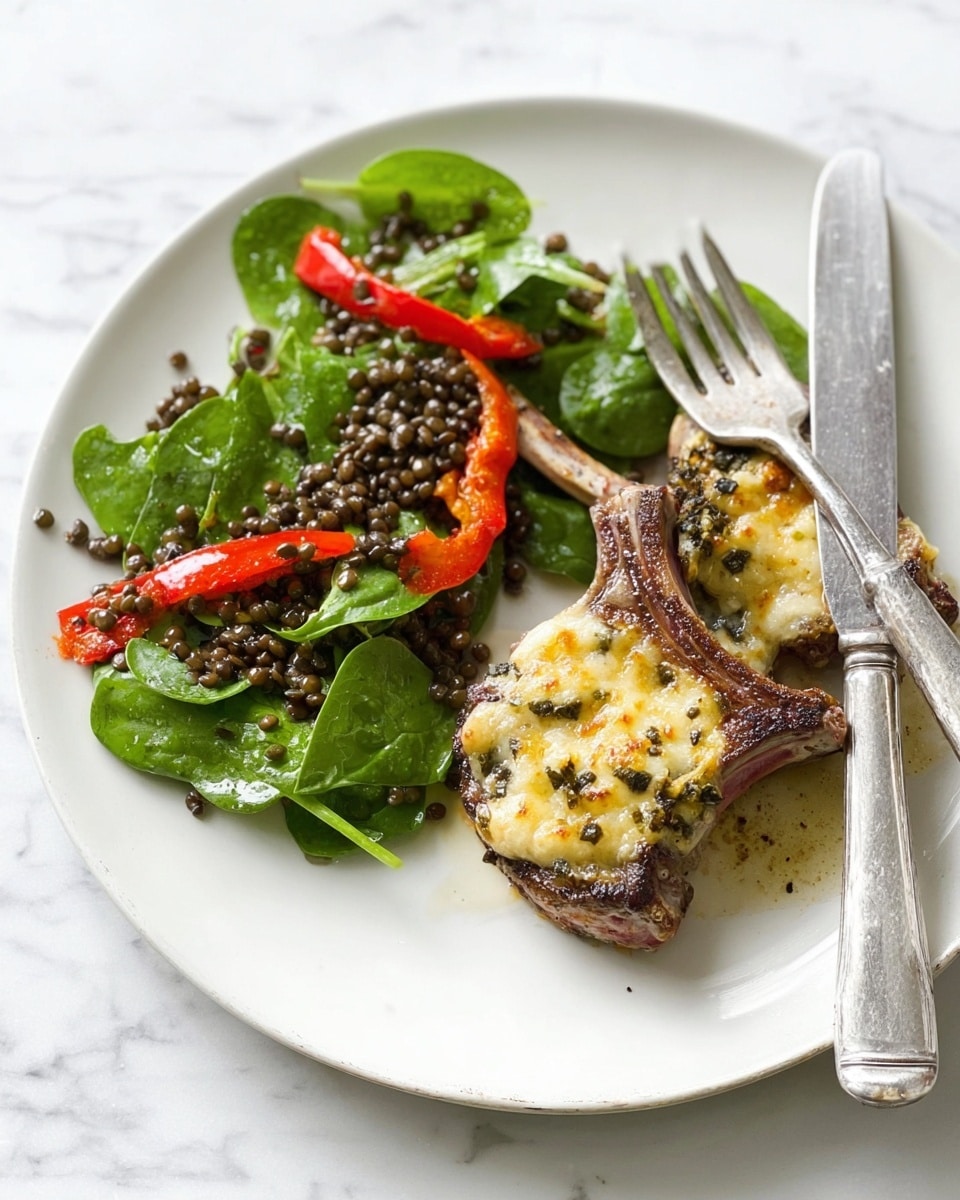 A white plate on a white marbled surface holds two pieces of lamb chops with browned, cheesy topping that looks creamy and slightly grilled on top, placed on the right side. On the left side, there is a fresh green spinach leaf salad mixed with small black lentils and strips of roasted red peppers. A fork rests on the left edge of the plate, and a knife lies on the right side, both shiny silver. The food looks fresh and well arranged, with natural lighting highlighting the textures and colors. photo taken with an iphone --ar 4:5 --v 7
