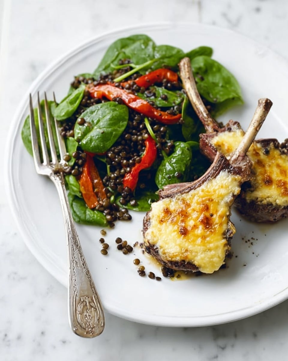 The image shows a white plate with two lamb chops on the right side, each chop topped with a golden, slightly browned melted cheese layer that is creamy and smooth. To the left of the chops is a fresh green spinach leaf salad mixed with black lentils and strips of roasted red peppers, offering a mix of dark, green, and bright red colors with a glossy texture. A silver fork rests on the left edge of the plate, all placed on a white marbled surface. Photo taken with an iphone --ar 4:5 --v 7