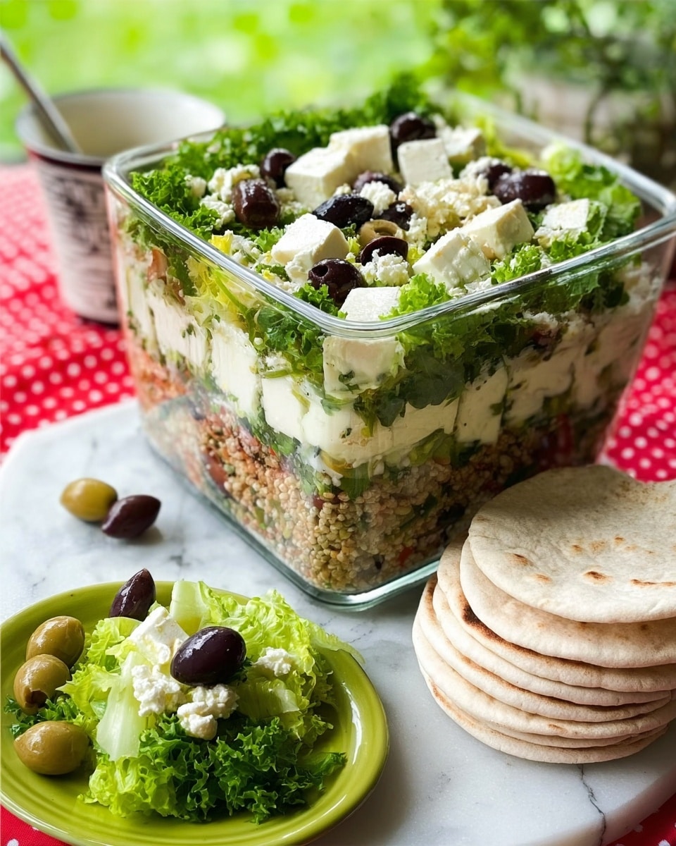 The image shows a square clear glass container with three visible layers: the bottom layer is a mix of finely chopped vegetables and grains with a light brown and green texture, the middle layer is white cubes of cheese mixed with black olives, and the top layer is fresh green lettuce leaves with some black olives scattered around. Next to the container, there is a small green plate holding a small serving of the salad with a few lettuce leaves and olives on top. Four white pita breads are stacked standing upright to the right of the container. A small white cup with a black rim is also visible on the left side of the image. The background is a white marbled texture with hints of a red polka dot cloth and green grass in the blurry background. Photo taken with an iphone --ar 4:5 --v 7