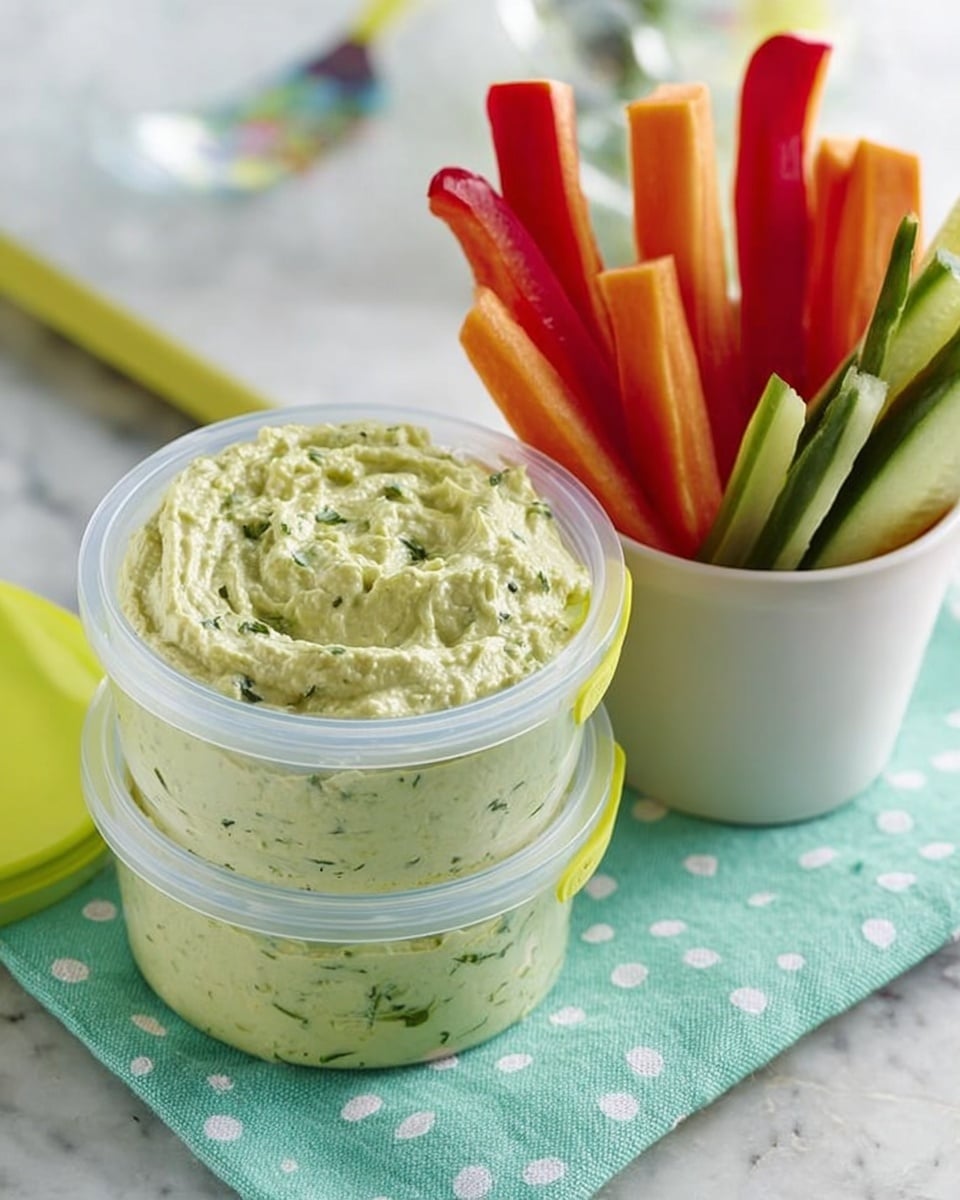 The image shows two clear round containers stacked on top of each other, filled with a creamy, light green dip with visible herbs, resting on a light green cloth with white polka dots over a white marbled surface. Next to the containers, there is a white cup holding fresh vegetable sticks including bright red bell peppers, orange carrots, and green cucumbers, all cut into long, thin pieces. A woman's hand is partially visible in the background, near the cup. The scene is bright and clean. photo taken with an iphone --ar 4:5 --v 7