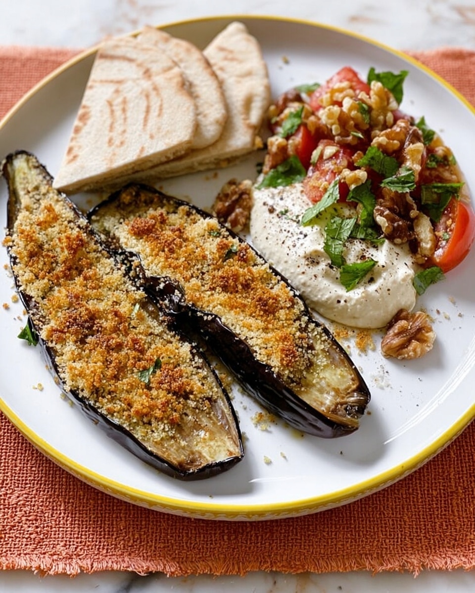 The dish shows a white plate with a thin yellow rim placed on an orange textured cloth over a white marbled surface. On the plate, there are two large slices of eggplant covered with a golden brown crumb topping, placed side by side in the center. To the top left side of the plate, there are three folded pieces of white pita bread stacked together. To the right of the eggplants, a scoop of creamy white sauce with specks of black pepper is placed near a mixed salad of chopped cherry tomatoes, walnuts, and green herbs. The colors of the salad range from red, brown to green, adding vibrancy to the dish. Photo taken with an iphone --ar 4:5 --v 7