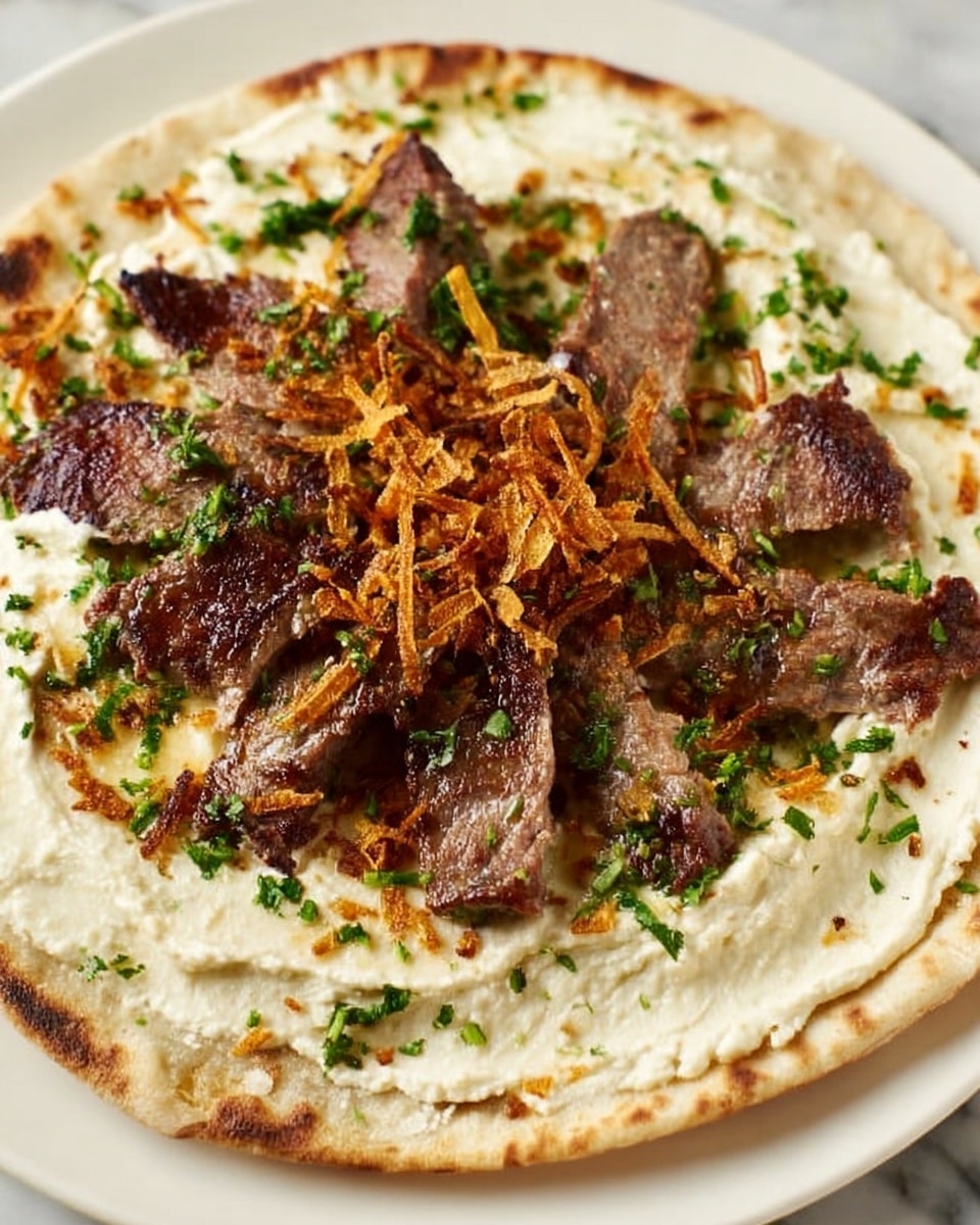 A white plate holds a flatbread base with a thick, creamy off-white spread covering it evenly as the first layer. On top, there are slices of grilled meat with a brown and slightly charred texture arranged in the center. The final layer consists of thin, crispy golden strips scattered over the meat, with green herb sprinkles adding small bursts of color for garnish. The background is a white marbled texture. photo taken with an iphone --ar 4:5 --v 7