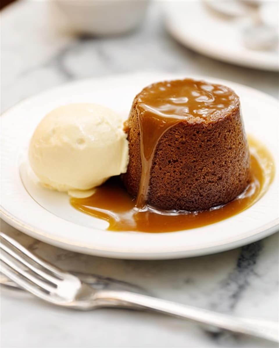 A small, round brown cake with a smooth, shiny caramel sauce dripping down its sides sits on a white plate. Next to the cake is a single scoop of pale yellow ice cream with a soft, creamy texture. The plate rests on a white marbled surface with a spoon and fork placed beside it. photo taken with an iphone --ar 4:5 --v 7