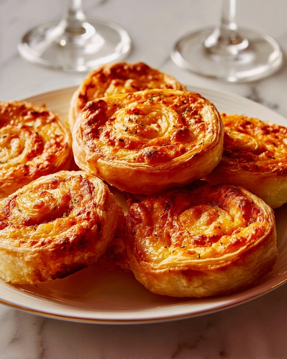 A white plate is filled with six round puff pastry pinwheels, each having a golden brown, flaky outer layer that is thick and puffy. Inside, there is a vibrant orange-red filling made of melted cheese and tomato sauce that looks slightly bubbly and cooked to a light crisp on top. The pinwheels are stacked close together, showing different angles of their spiral shape. The setting is on a white marbled surface with two clear stemmed glasses in the background. photo taken with an iphone --ar 4:5 --v 7
