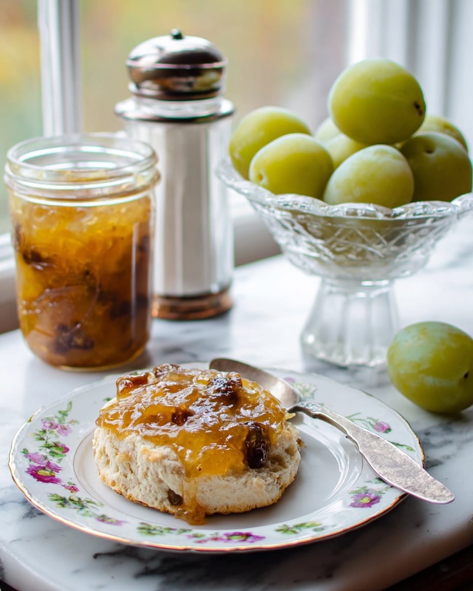 A white plate with floral patterns holds a single split scone with chunks of dried fruit, topped with a thick, glossy layer of golden-yellow jam spread unevenly over it. To the left of the plate is a clear glass jar filled with more golden-yellow jam and a spoon inside. Behind the plate, there is a glass sugar shaker with a metal top. On the right side, a white glass pedestal bowl containing several light green plums sits on a white marbled surface, with a few additional plums scattered around. The background shows a blurred window with natural light shining through. Photo taken with an iphone --ar 4:5 --v 7