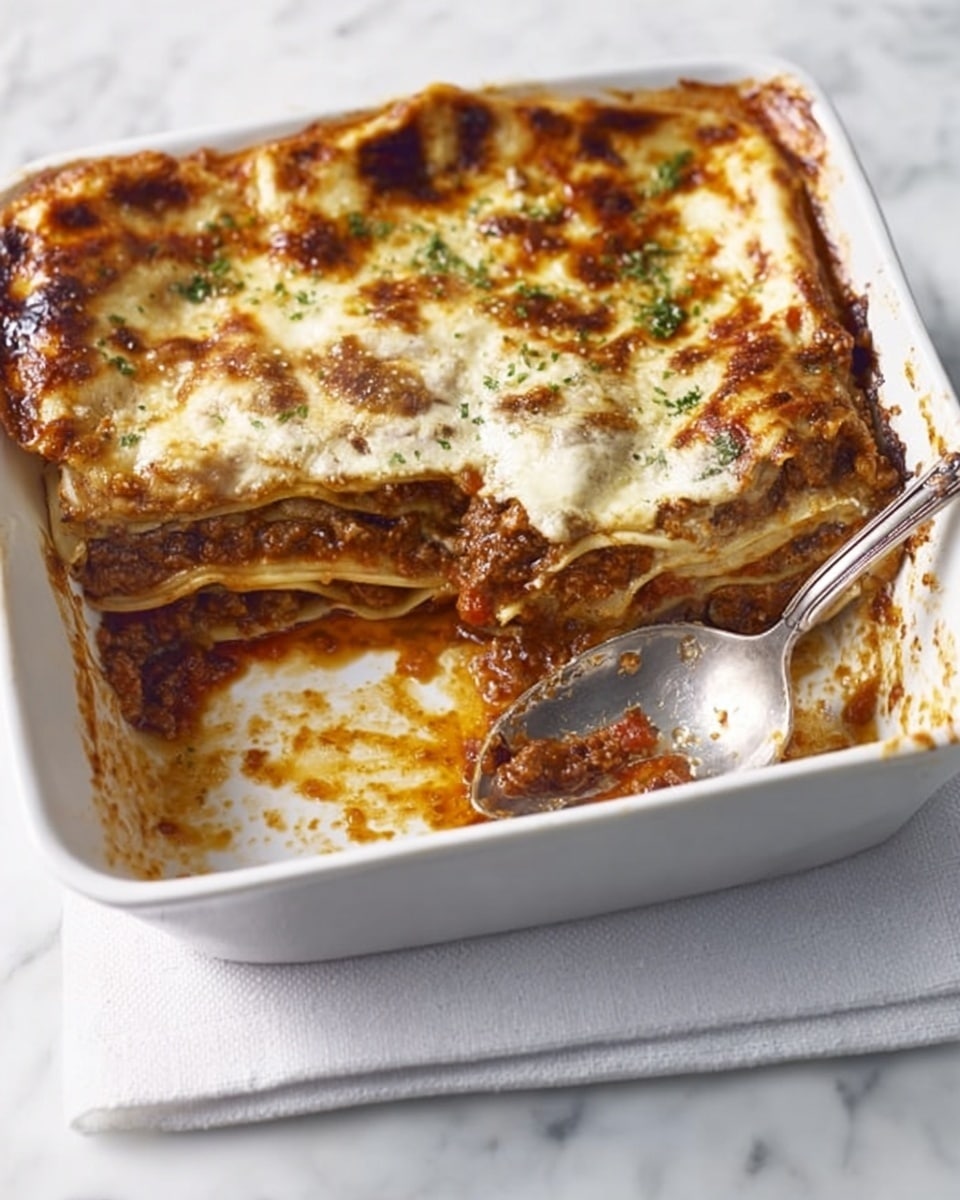 A white square baking dish holds a partially eaten lasagna with visible layers of browned, bubbly cheese on top, followed by creamy sauce and rich, dark brown meat sauce mixed with tomato underneath. The lasagna sheets are beige and slightly soft, stacked in several thick layers. A shiny silver spoon rests inside the dish, with some sauce on it and around the edges of the lasagna. The dish sits on a white folded cloth on a white marbled surface. photo taken with an iphone --ar 4:5 --v 7