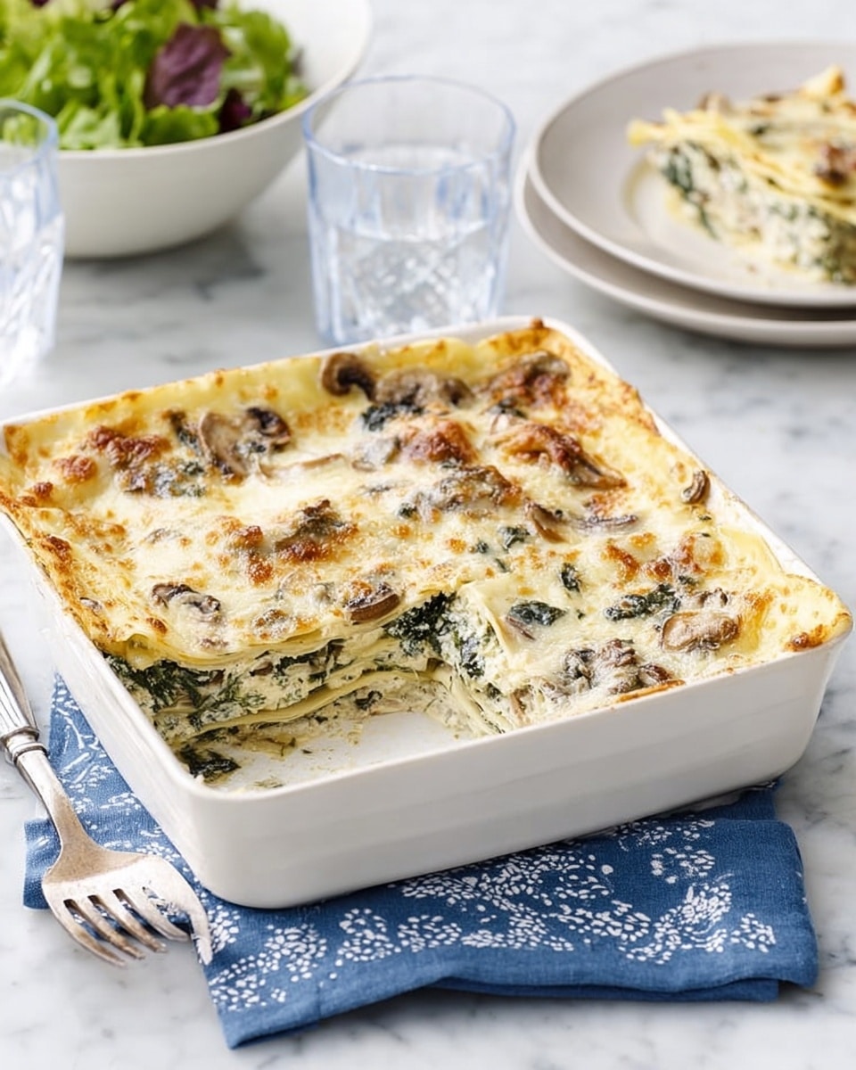 A square white baking dish contains a baked lasagna with visible layers of pasta sheets, creamy white sauce, melted cheese, and green spinach mixed with browned mushrooms. One corner piece is cut out, revealing about four layers inside: light yellow pasta, white sauce with green and brown vegetable bits, and golden cheese on top with some browned edges. The baking dish rests on a folded blue cloth with white patterns, placed on a white marbled surface. Next to it is a white plate holding a serving of lasagna, and in the background, there is a white bowl with fresh green salad and a glass of water. Photo taken with an iphone --ar 4:5 --v 7