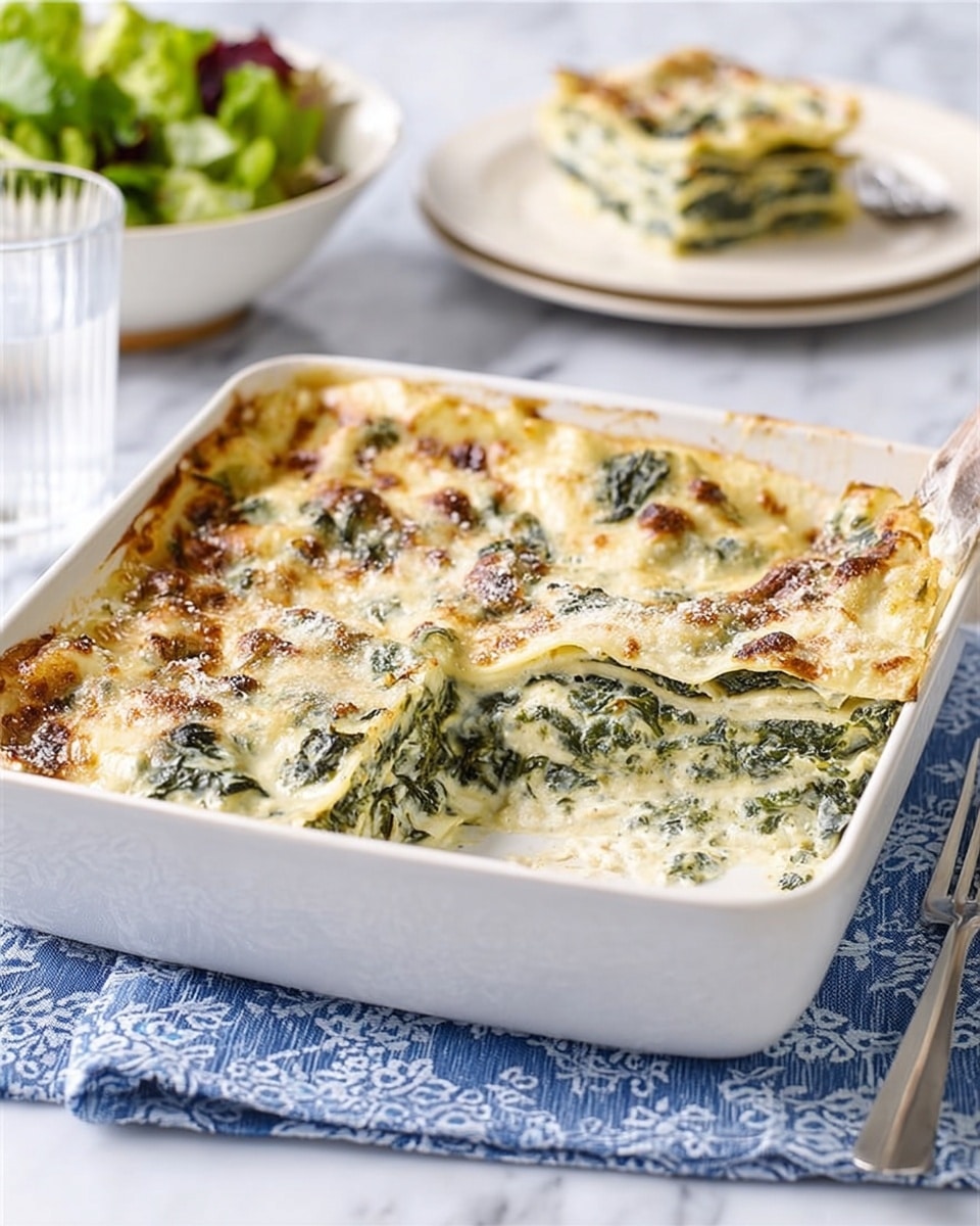 A white square baking dish contains a layered spinach lasagna with visible green spinach leaves and creamy white sauce mixed with melted cheese on top, showing about four layers of pasta, spinach, and sauce. A portion is cut out in the front right corner, revealing the layers clearly. The dish sits on a blue patterned cloth on a white marbled surface. In the background, there is a white bowl of fresh green salad, a clear glass of water, and a white plate with a slice of the lasagna. A fork and knife are placed neatly on the right side. Photo taken with an iphone --ar 4:5 --v 7