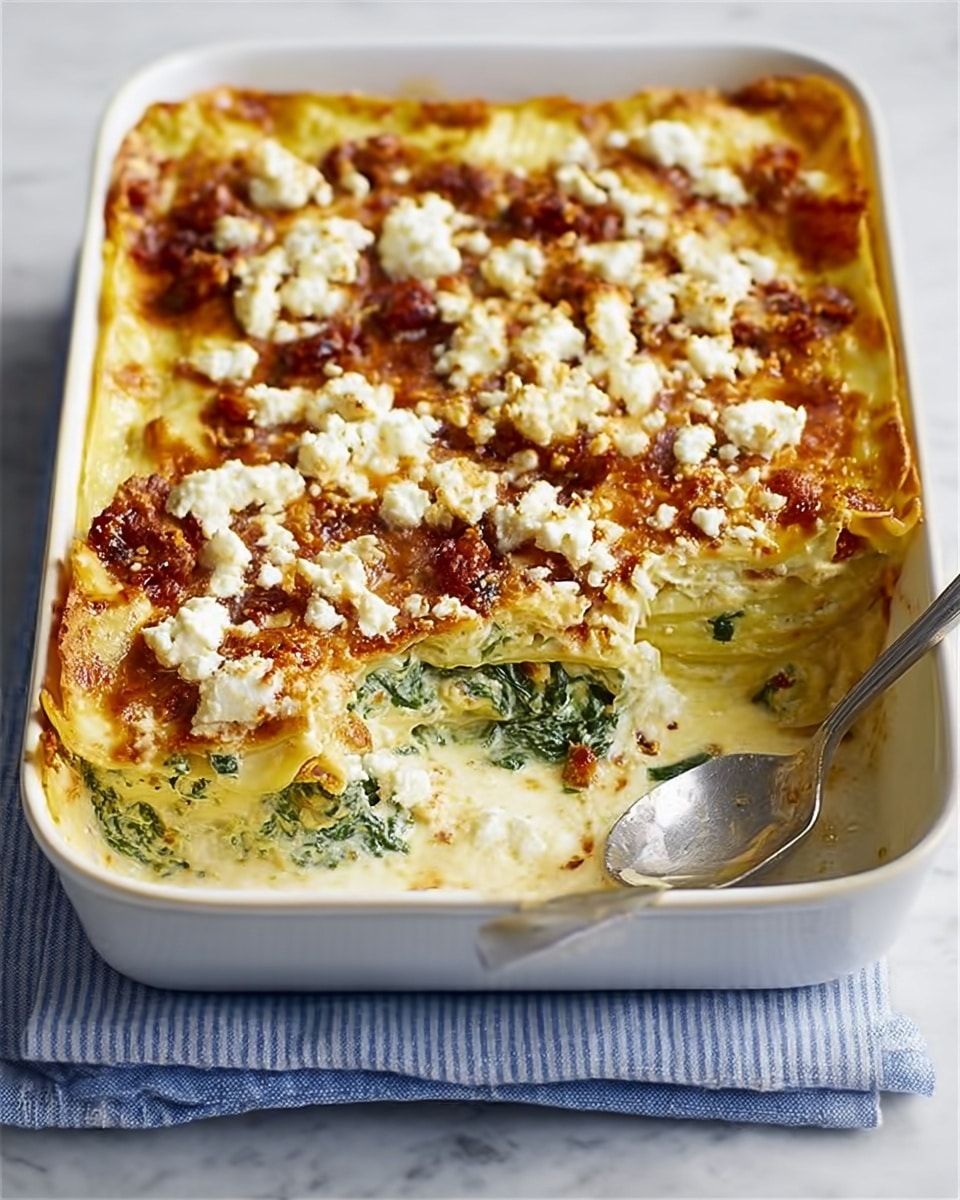 A white rectangular dish filled with a layered baked lasagna. The top layer has a golden brown baked cheese with white crumbles scattered across it, some browned bits of sauce, and a slightly crispy texture. A large spoon rests in the dish, revealing the inside layers: a bottom layer of creamy, pale yellow sauce, a green spinach and cheese middle layer with visible leafy texture, and a top layer covered by pasta sheets coated with sauce and toppings. The dish sits on a folded blue and white striped cloth over a white marbled surface. Photo taken with an iphone --ar 4:5 --v 7